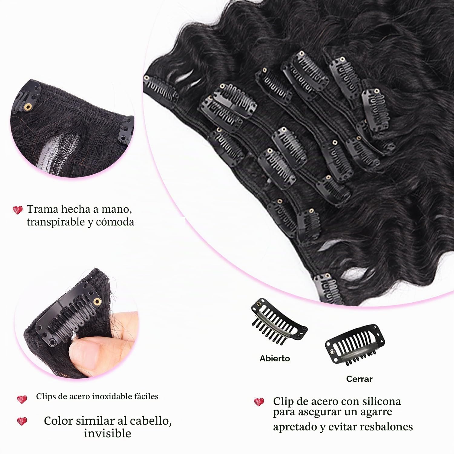 Extensiones de Clip Rizadas Profundas Cabello Humano 55cm 8PCS 120g Negro Natural Extensiones de Cabello Humano Extensiones de Clip para Mujeres