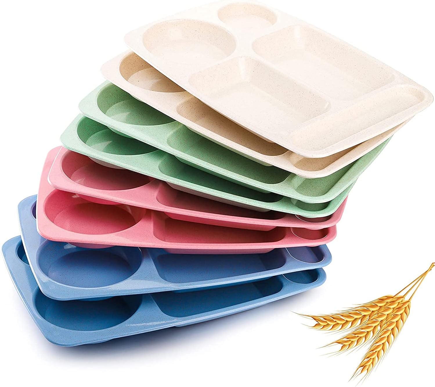 8 Pack Divided Food Plates, 13.5" Wheat Straw Tray, 5-Compartment Unbreakable Fast Food Tray, Microwave Dishwasher Safe, BPA Free, Lightweight