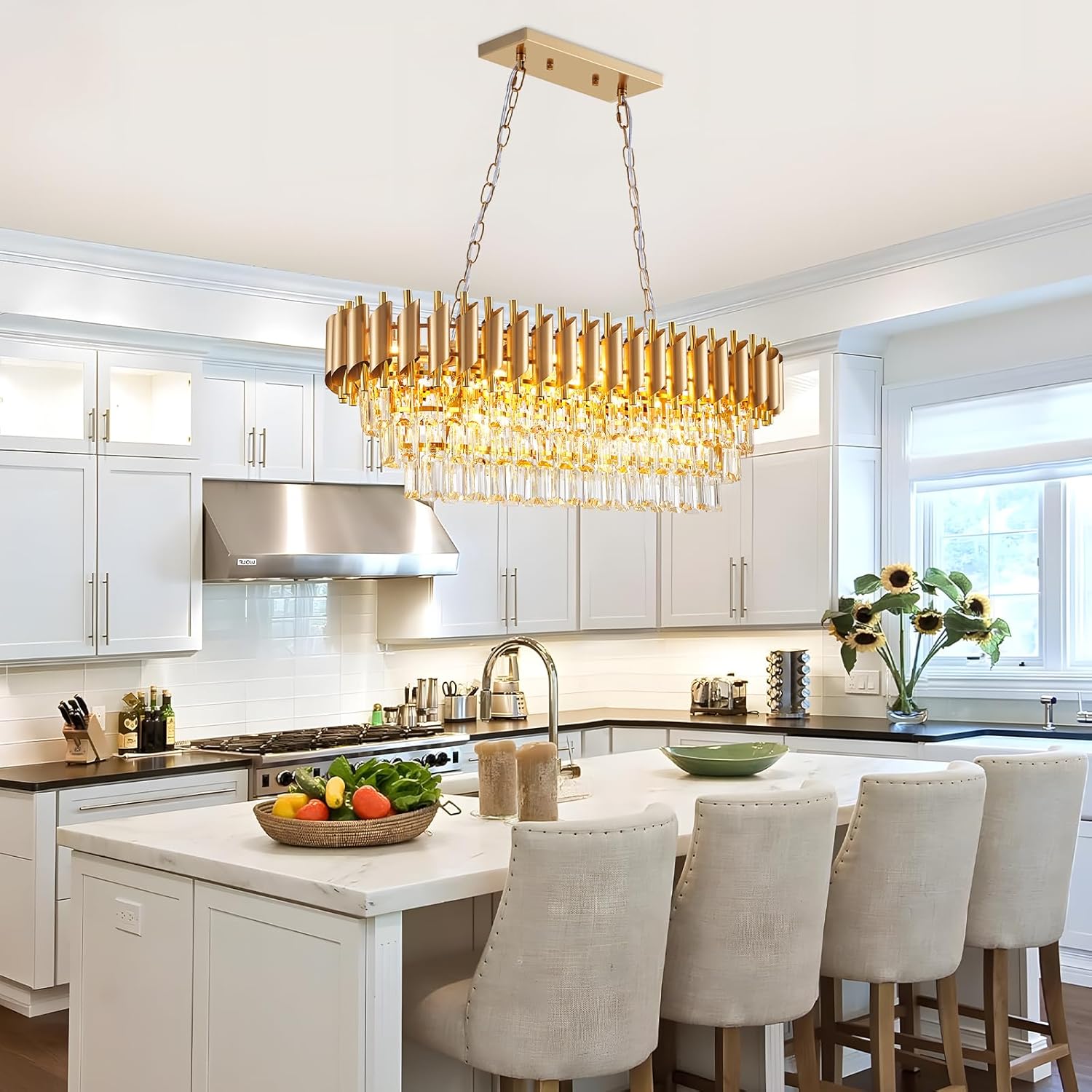Modern Rectangular Chandelier Gold Crystal Chandeliers for Dining Room, 10-Light Pendant Light Fixture Oval Contemporary Ceiling Hanging Light for Kitchen