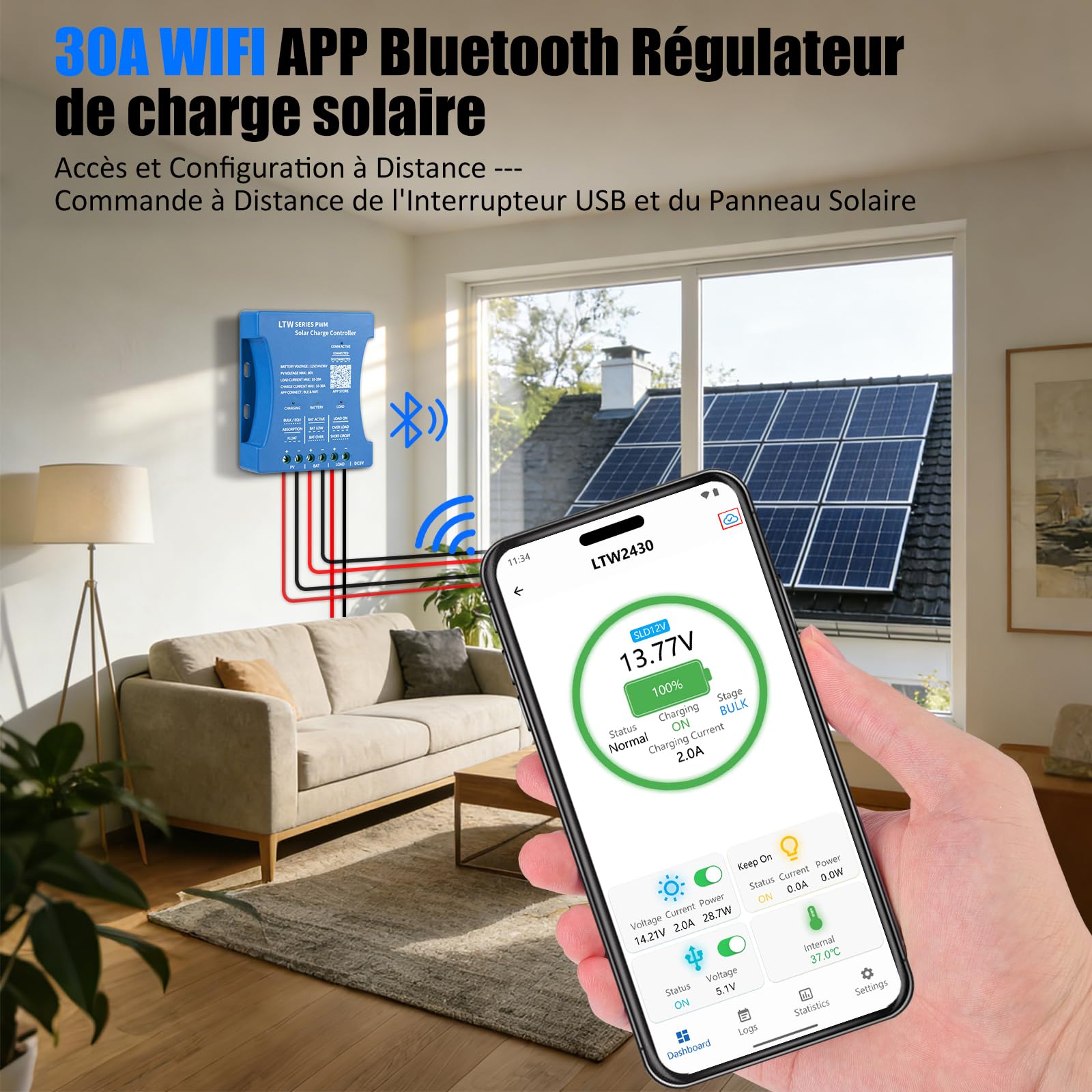 Contrôleurs solaires WiFi 30 A 12 V : contrôleur de charge solaire 30 A 12 V/24 V/36 V ultra-télécommande WiFi PV : contrôleur de panneau solaire Bluetooth intelligent PWM pour plomb-acide, LiFePO4
