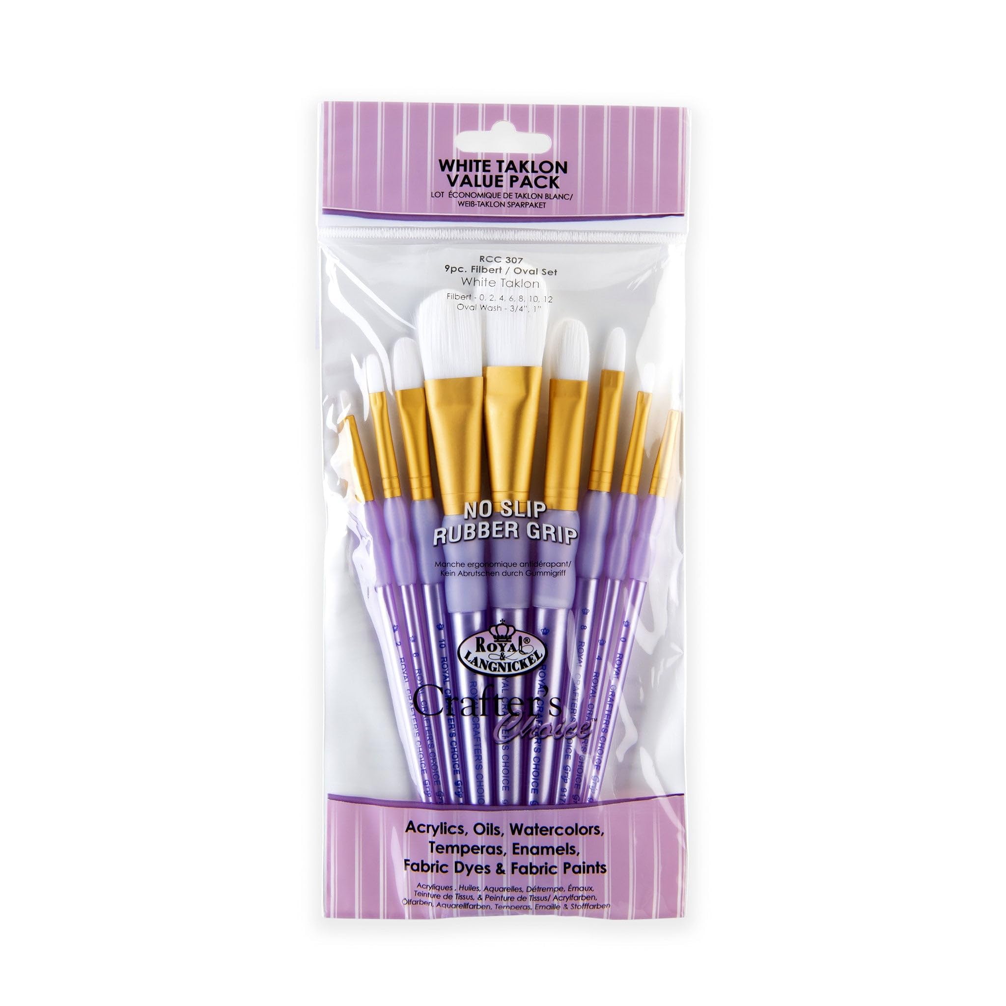 Royal and Langnickel RCC 307 Crafter's Choice Flat Taklon Variety Brush Set - White (Pack of 9)