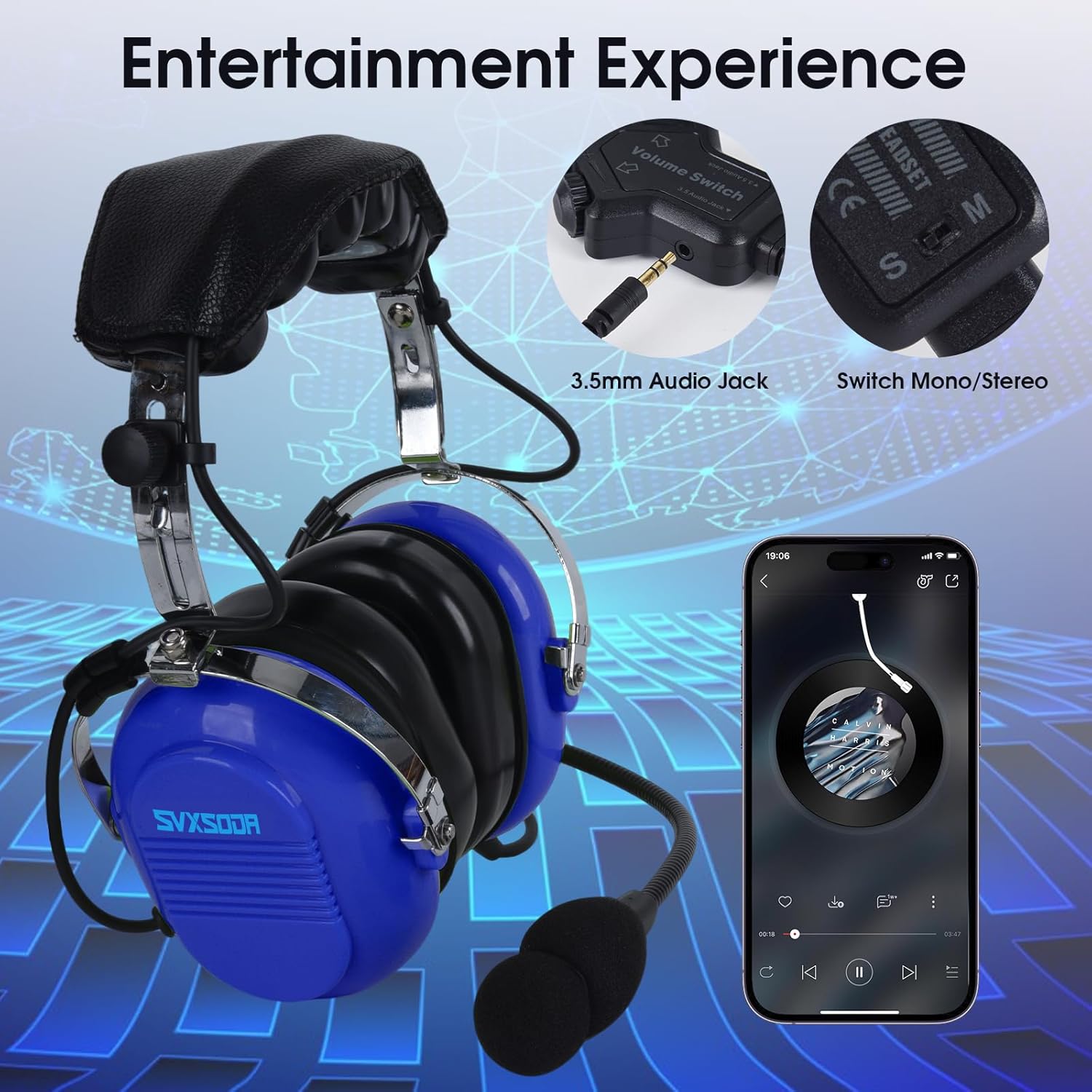 Aviation Headset for Pilots, Mono and Stereo Compatibilit, Headphone Twin Plugs,24 db PNR Noise Reduction Adjustable Headband for PPL Student Pilots Flight Passengers-Blue