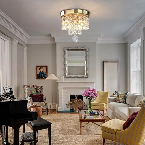 Miniatura 3 de Mini Crystal Chandelier Modern Chandelier Gold Crystal Ceiling Flush Mount Light Fixture Chandelier 8" x 7.4" Round Hanging Pendant Lamp for Dining