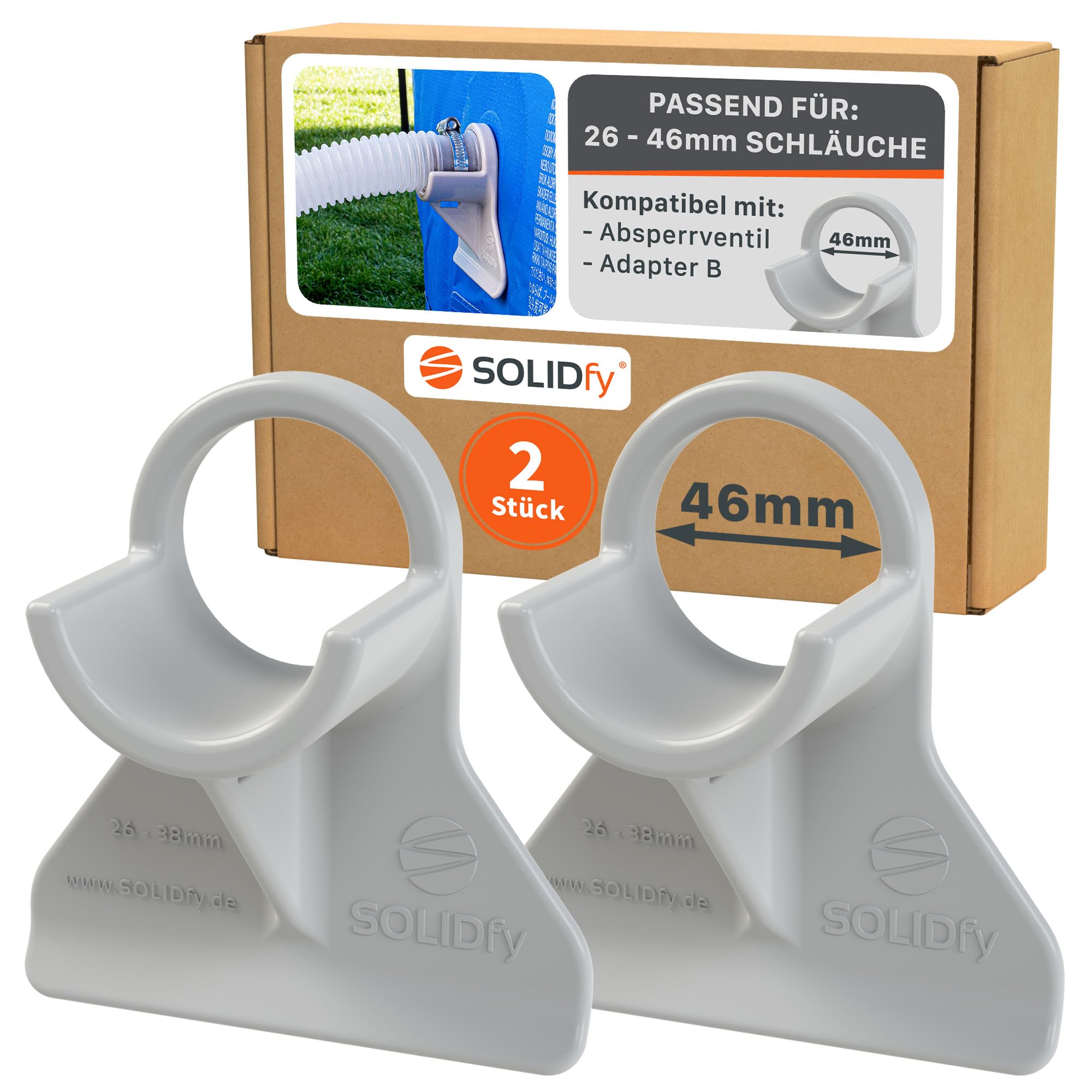 [2x] Pool Schlauchhalter 26mm - 46mm | Schlauchhalterung für Intex, Bestway, Hecht | auch mit Adapter B und Absperrventil Rohrhalter 32mm 38mm Knickschutz in grau