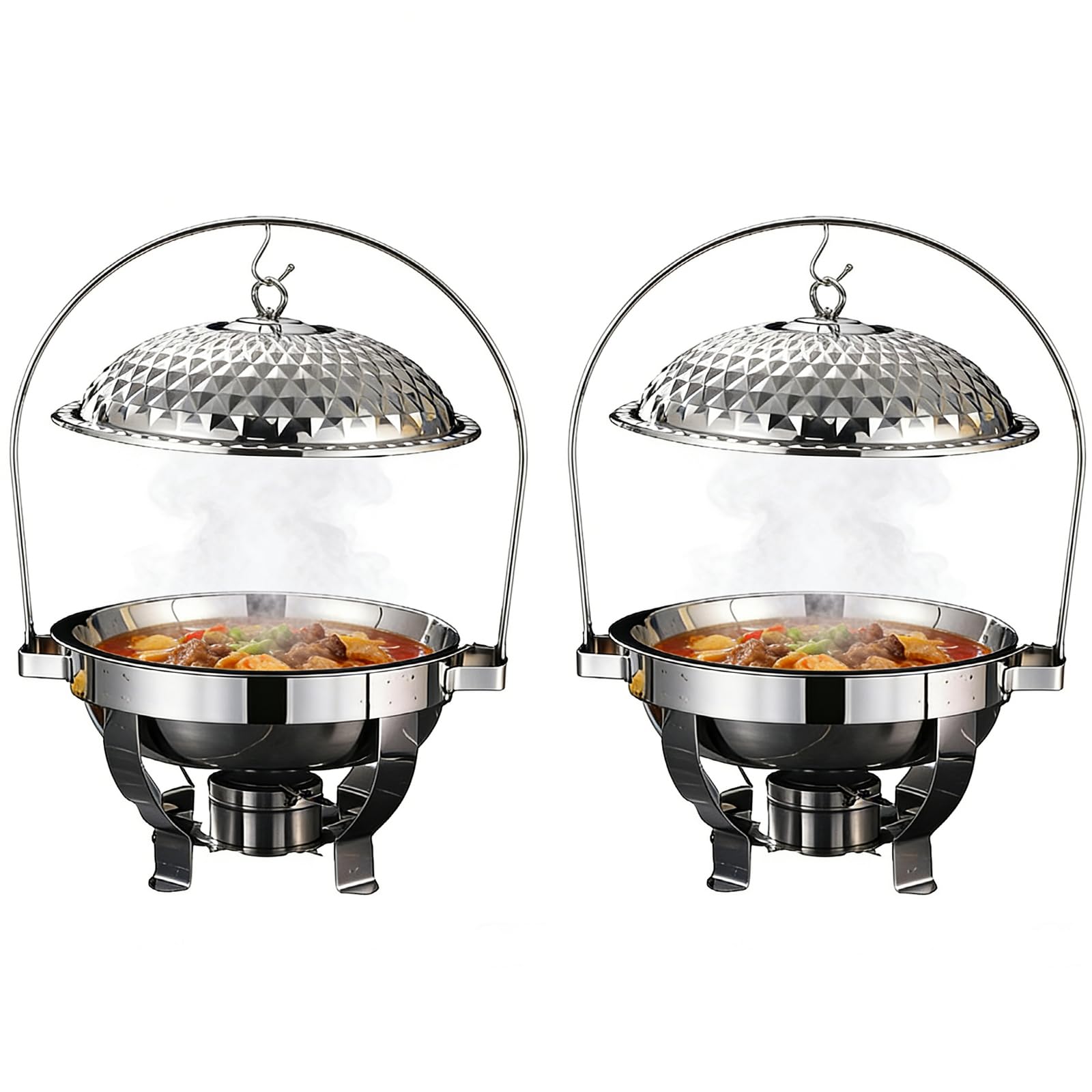 Juego de recipientes redondos de acero inoxidable para mantener la comida caliente, ideales para bufés, catering y eventos. Elegantes recipientes para bufé con tapas colgantes (2pcs Silver 4.5L/4.8QT)