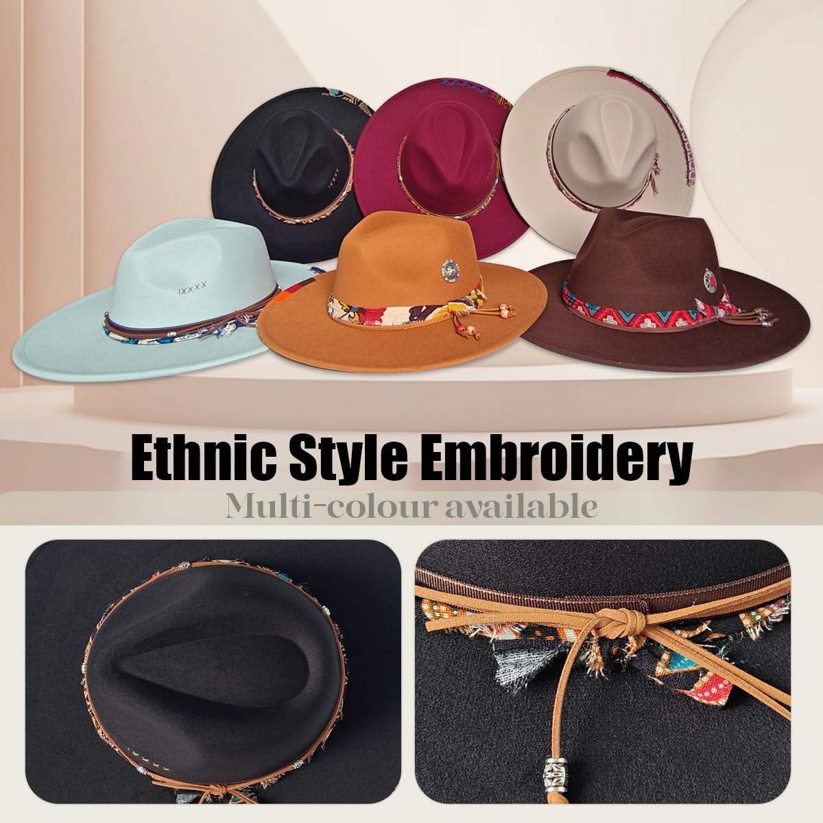 Fedora Hat for Men Women, Vintage Wide Brim Felt Panama Hat Western Adjustable Top Jazz Cap - Image 4