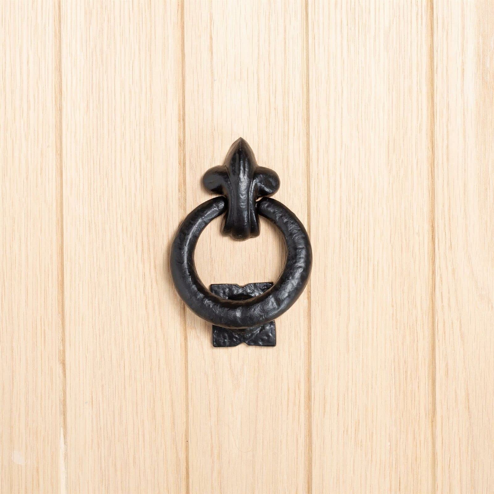 Fleur De LYS - Aldaba de puerta de anillo antiguo negro, aldaba de anillo de hierro fundido, aldaba tradicional de puerta delantera, aldaba de puerta de hierro negro rústico, aldaba de puerta negra