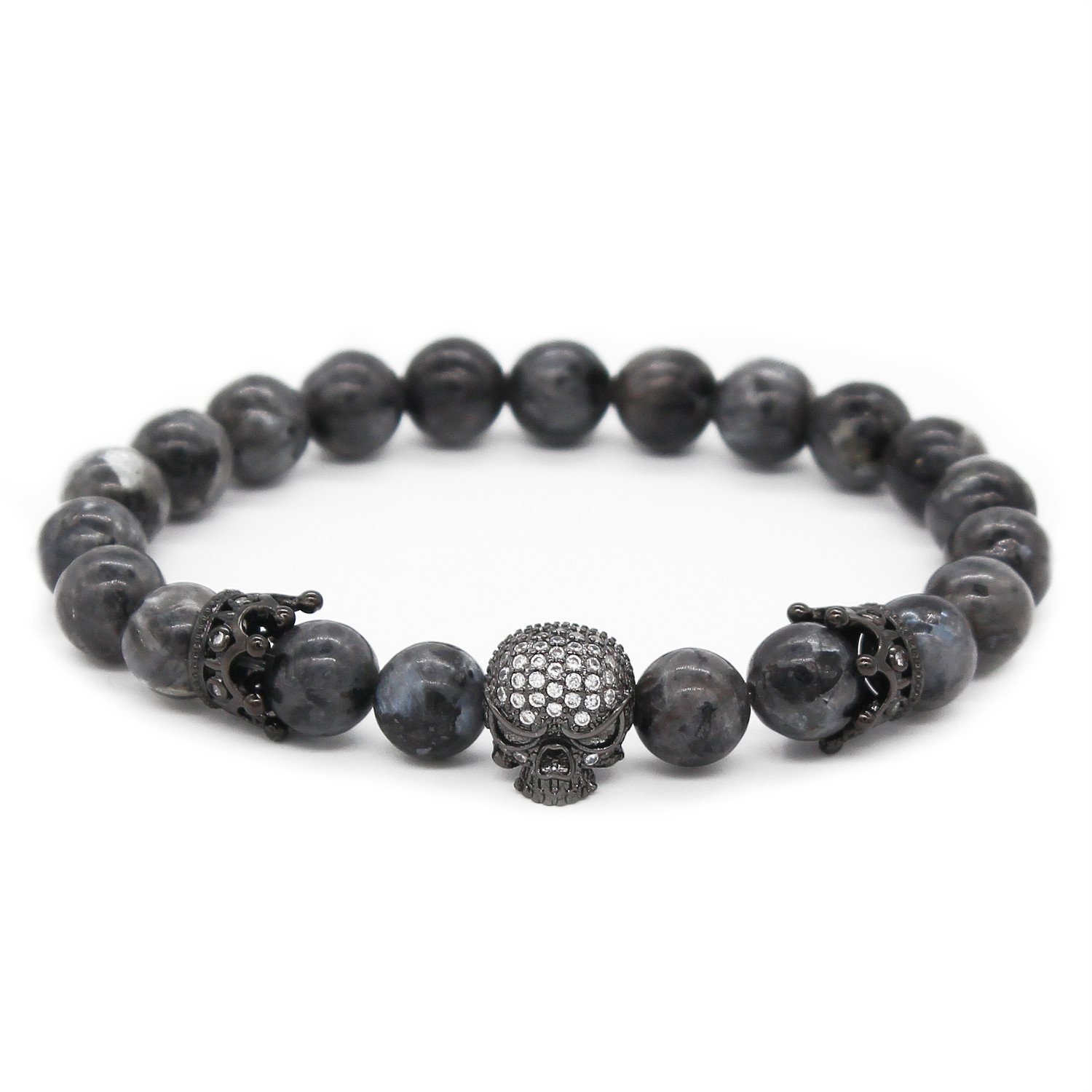 POSHFEEL Gun Black Crown Spacer Cubic Zirconia Spartan Skull Bracelets for Men 8mm Stone Beads, 7.7"