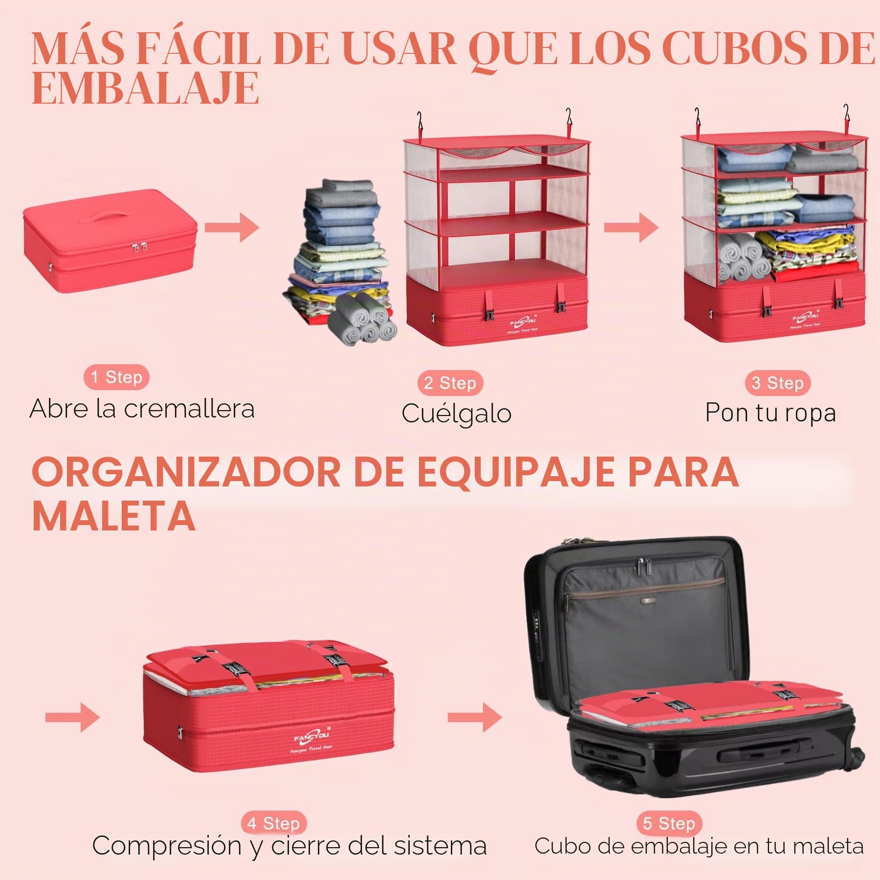 Cubos Colgantes para Organizar Maletas, Armario Portátil de Tela de Nylon Mejorada 44 * 30 * 65cm, Compresión para Embalar y Desembalar en un Solo Paso para Viajes de Negocios (Rojo)