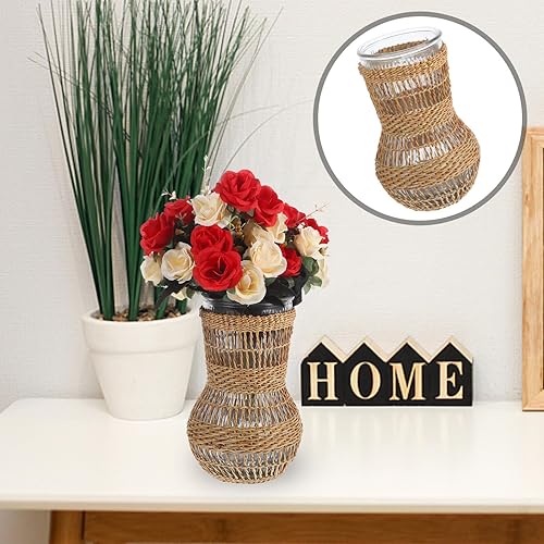 Miniatura 2 de HOMSFOU Maceta rústica de vidrio náutico, florero vintage con cubierta tejida de ratán, maceta de granja, jarrón hidropónico costero, centro de mesa