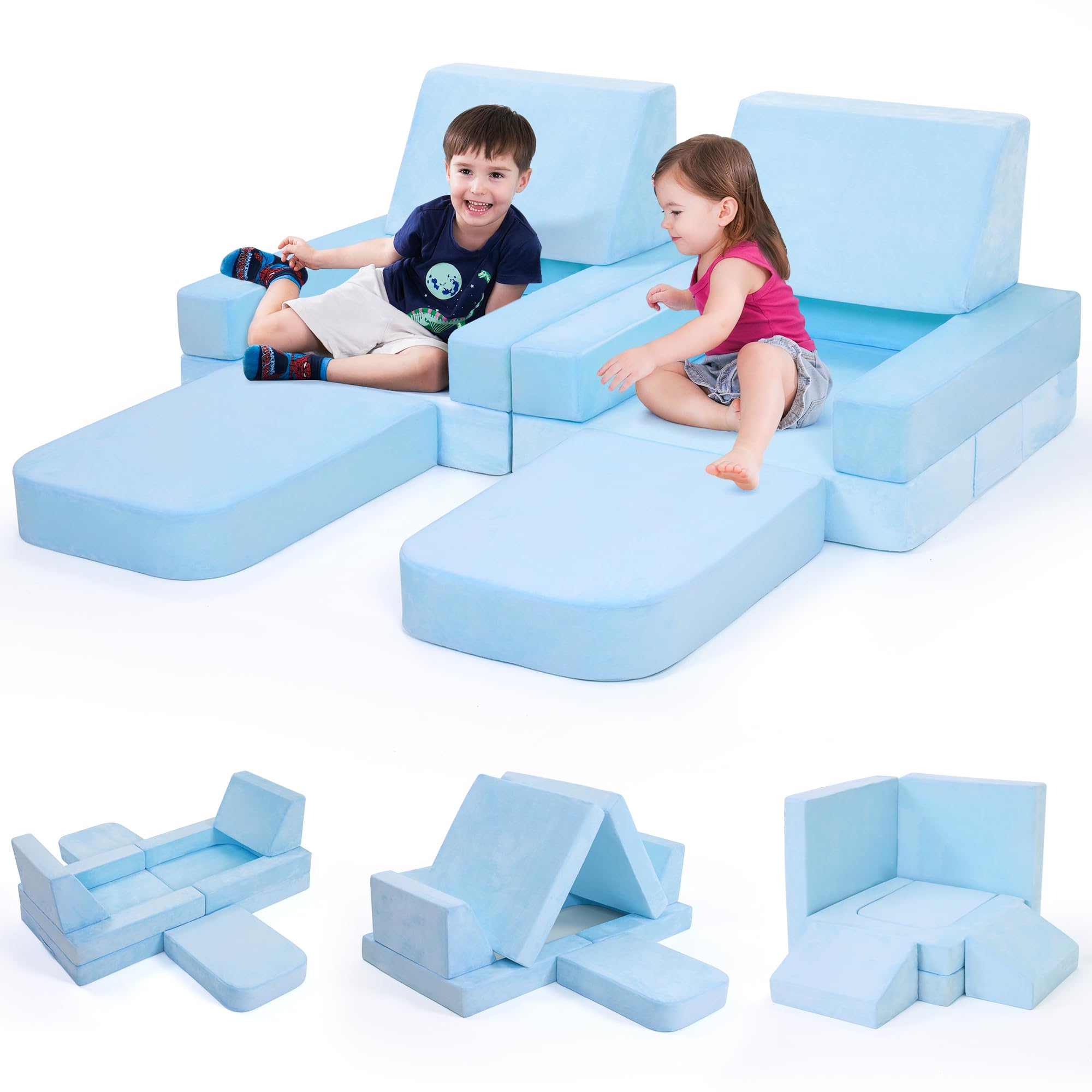 Modular Kids Play Couch Convertible - Toddler & Child Sofa DIY Creativing Play Couch for Playroom Bedroom Nursery Freely Removable Versatile Fold Kids Sofa for Playing, Creativity, Sleeping