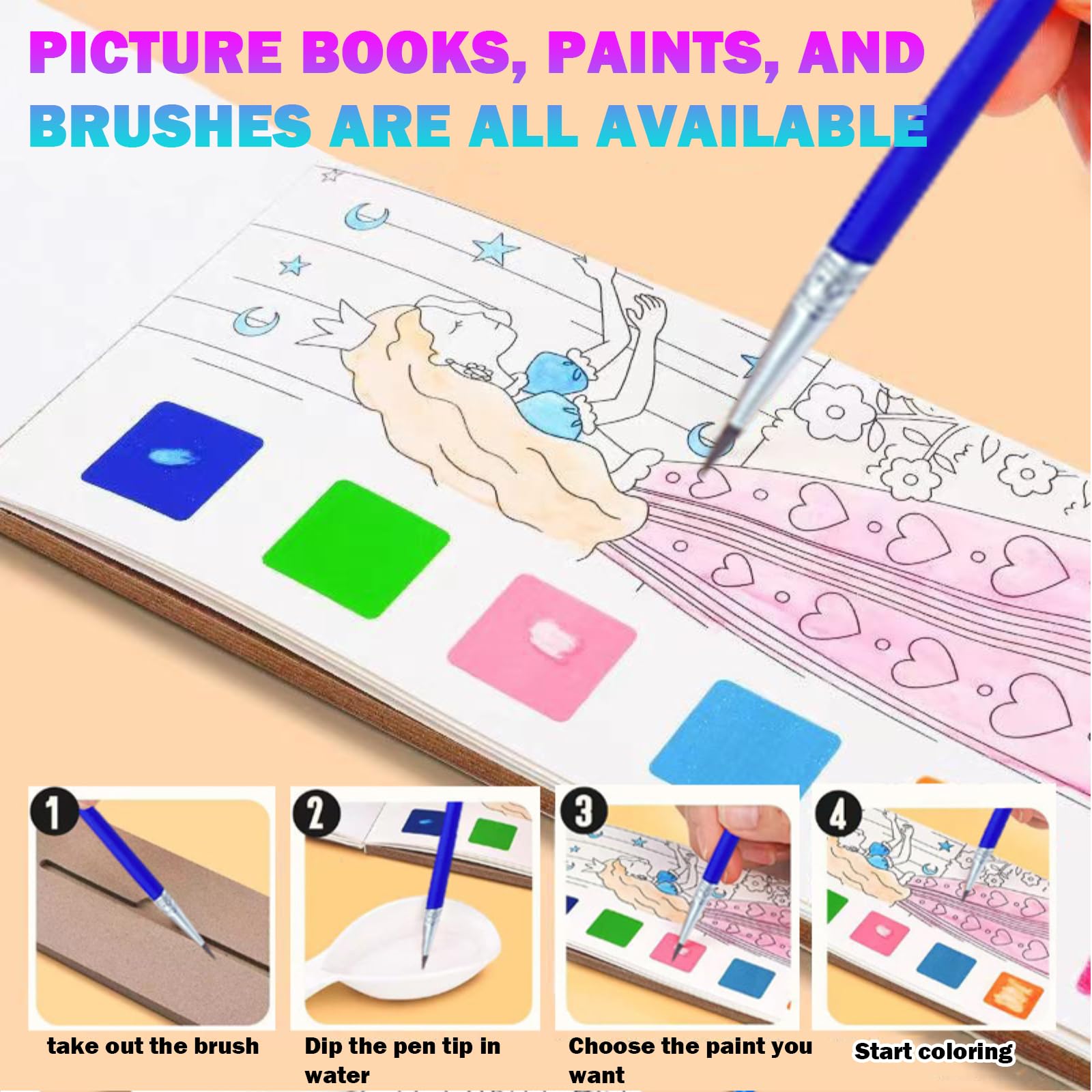 Livre Peinture Aquarelle avec Pinceau Réservoir D'eau, Livre Coloriage Enfant A5 72 Pages