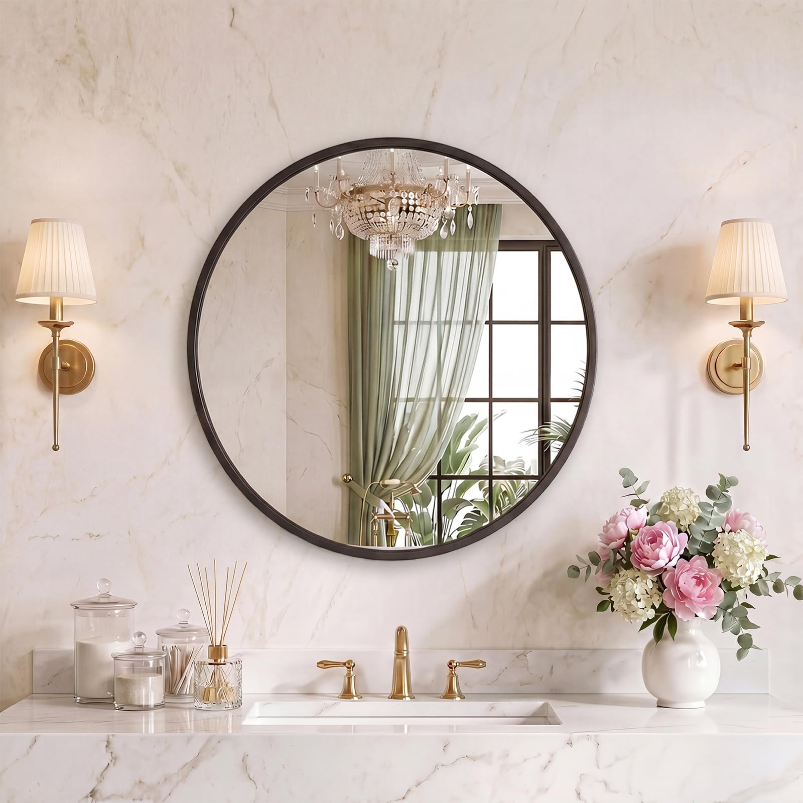 Sweetcrispy 24 Inch Round Wall Mirror, Bathroom Mirrors for Over Sink