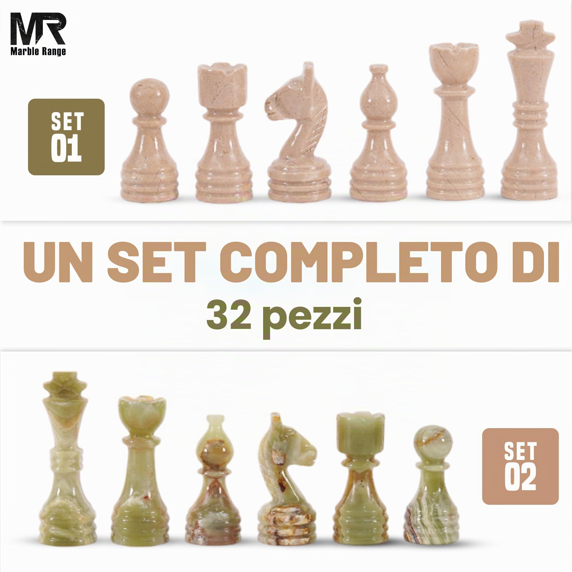 MARBLE RANGE Pezzi di scacchi in marmo Verona e verde, realizzati a mano, re da 8,9 cm, set da 32 pezzi, ideali per scacchiere e scacchi da viaggio