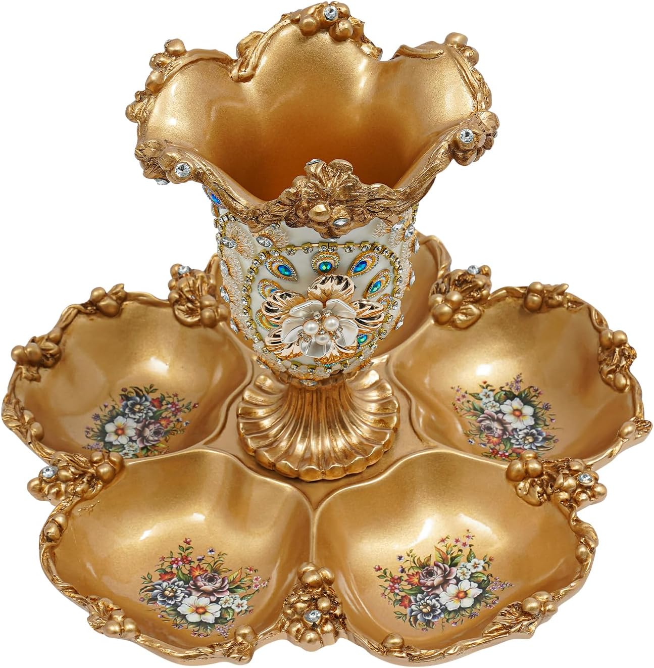 European-Style Centerpiece Flower Vase Fruit Bowl, Gold Resin Fruit Basket Plate with Vase, Snack Desserts Storage Tray Decor for Home Office Decoration (5 Compartments)