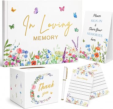 65 Pcs Funeral Guest Book for Memorial Service Celebration of Life Guest Book Set with 60 Memory Cards, Table Sign, Box & 2 Pens Funeral Guest Book with Floral Butterfly Cover