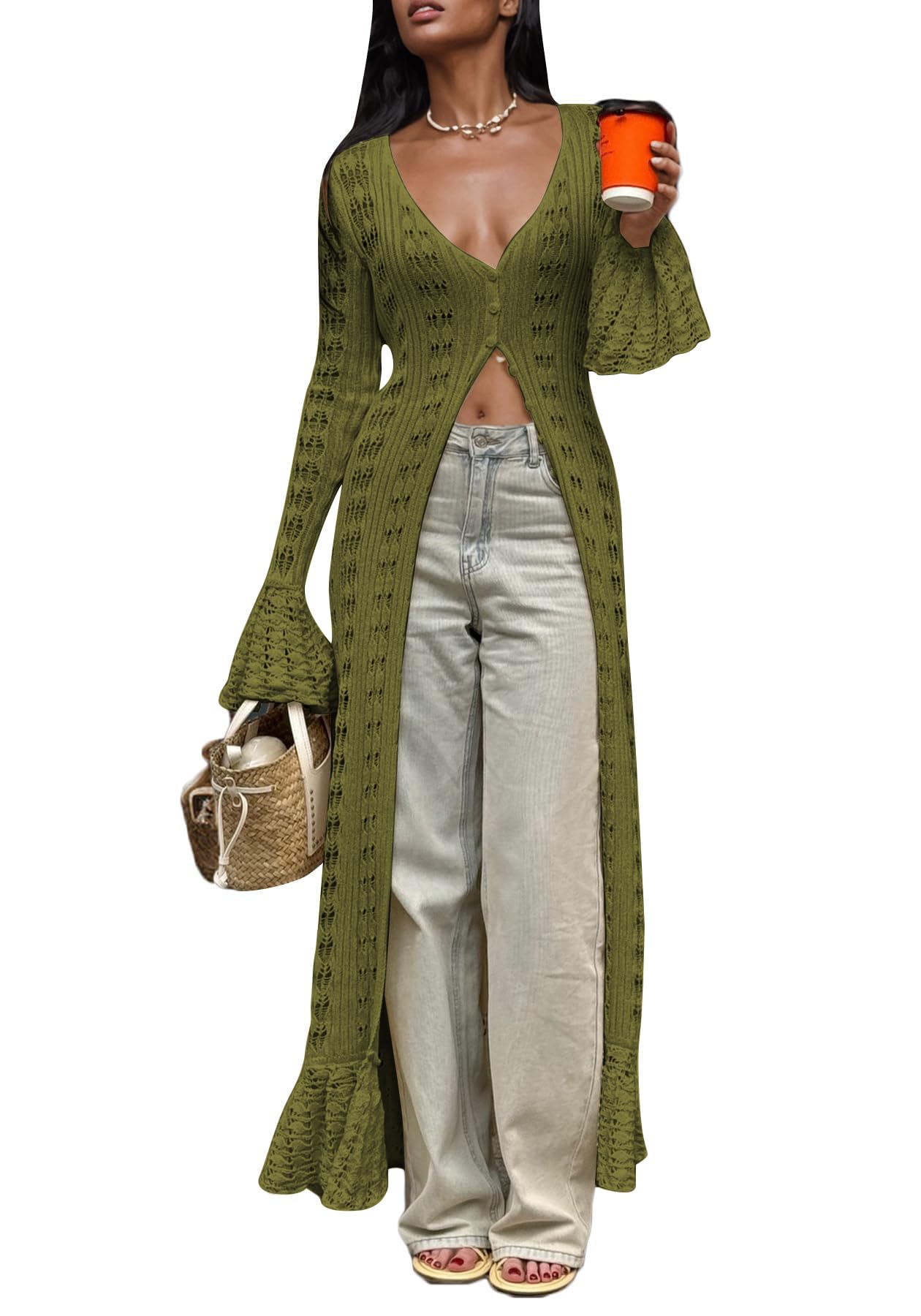 Unybwonn Long Cardigans for Women Crochet Hollow Out Knit Sweater Cover up Maxi Dress Long Sleeve Button Down