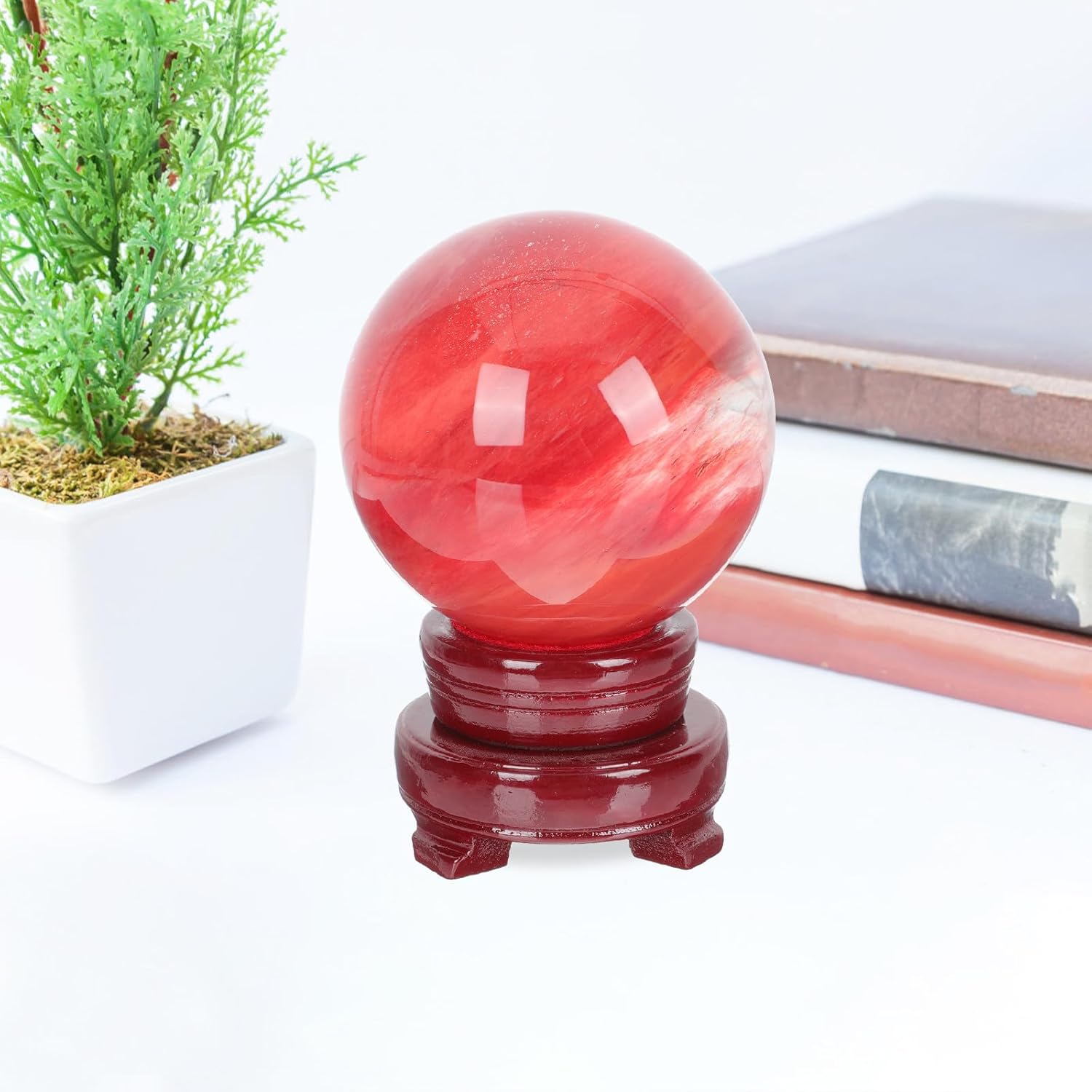 VICASKY Red Crystal Sphere Decorative Crystal Ball with Base 8cm Ornament Home Décor Accent Feng Shui Lucky Charm Desktop Display