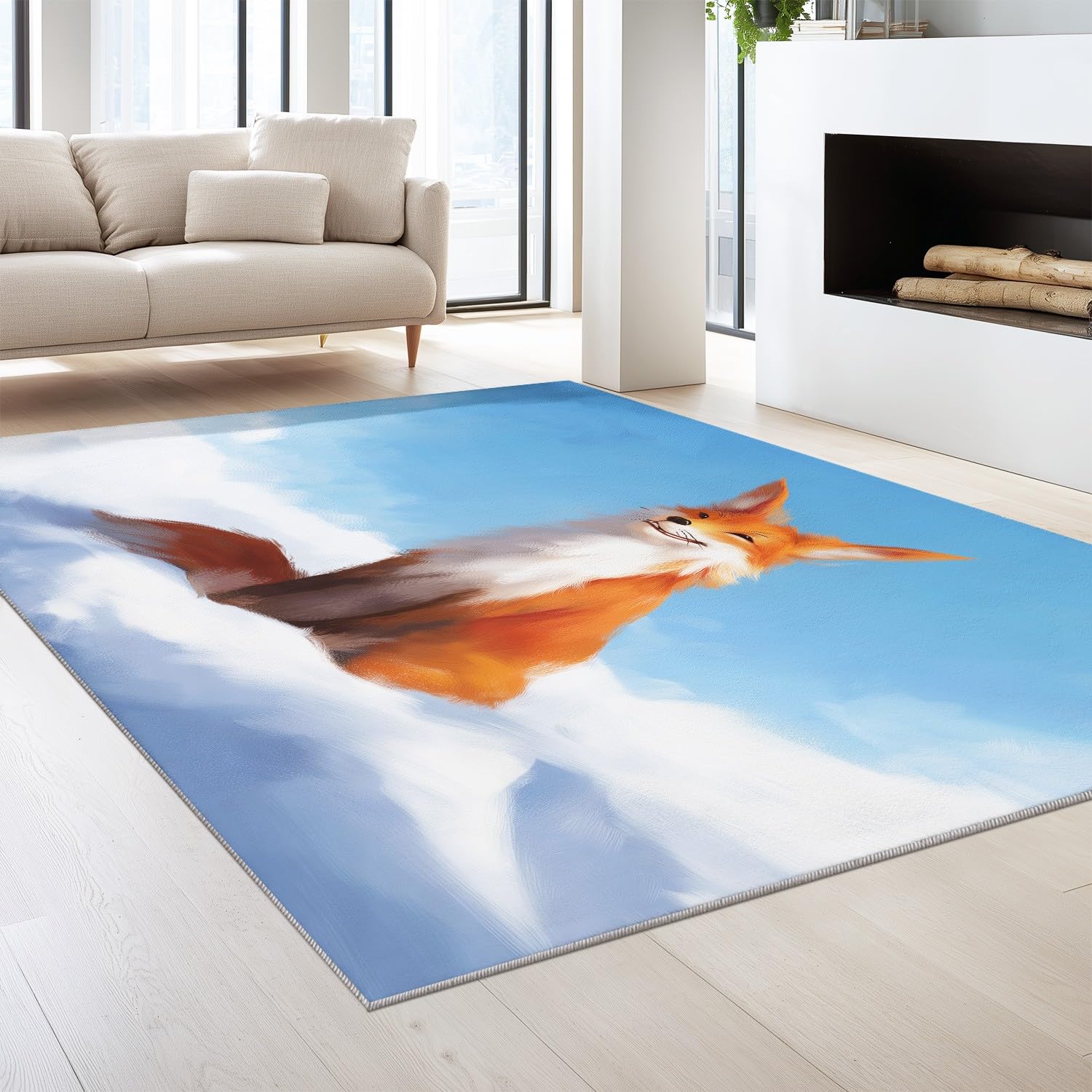 Wycieraczka do wnętrz 140 x 200 cm, nadaje się do prania w pralce, fantazyjny komiksowy styl minimalistyczny, spokojny krajobraz śnieżny, lis, pomarańczowy, biały, antypoślizgowy, niskie runo do