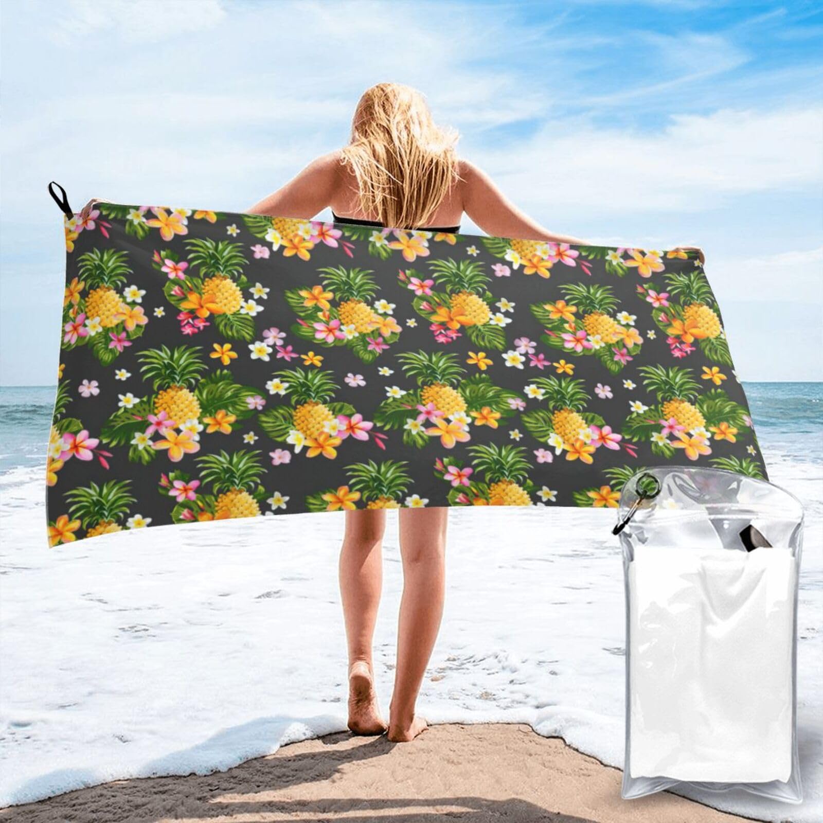 JIUTY Tropical Pineapple Hawaiian Print Fast Dry Beach Towel Portable For Swimming Travel Gym Hiking Gift