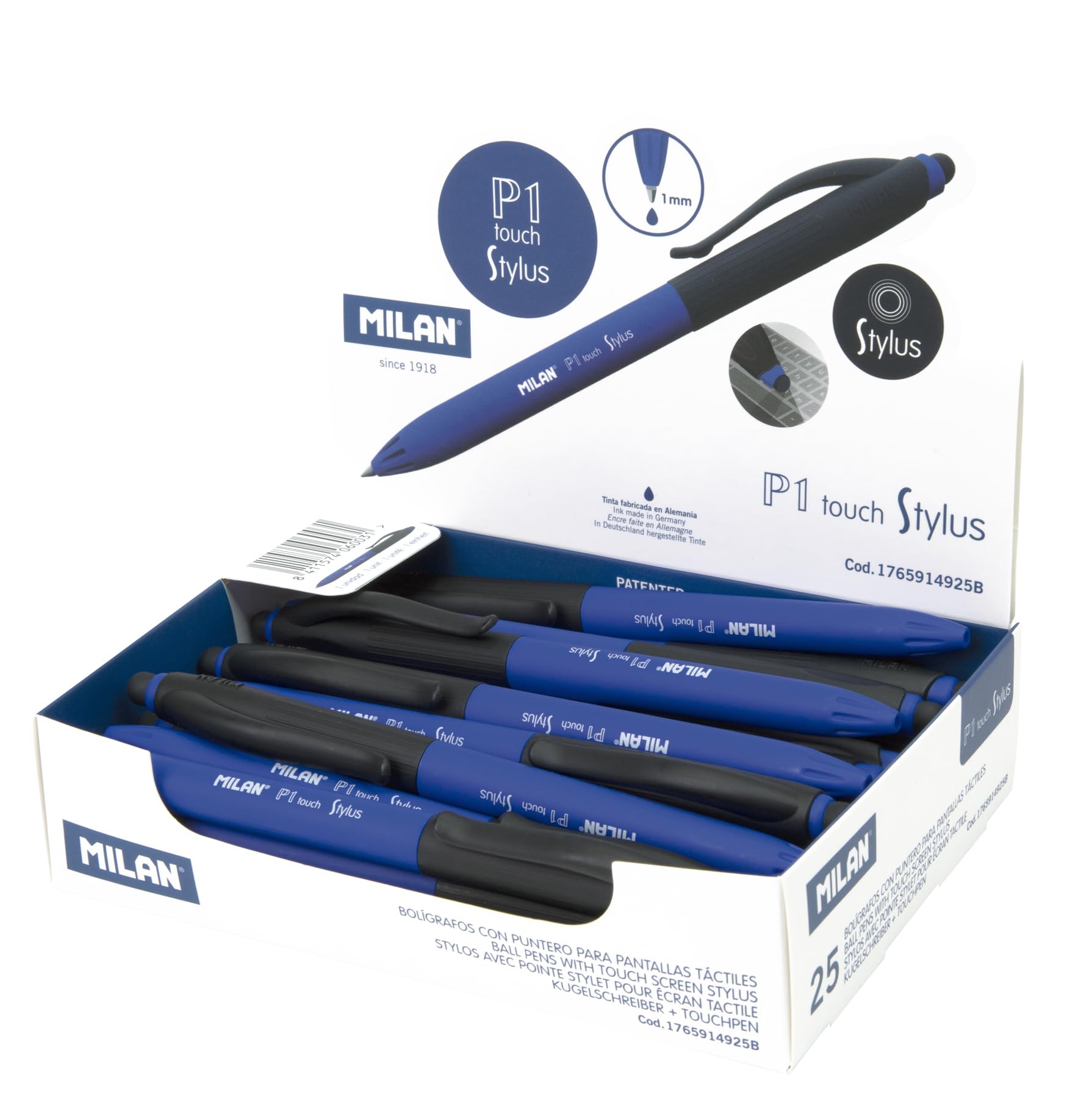 MILAN Caja expositora 25 bolígrafos P1 touch Stylus, tinta azul