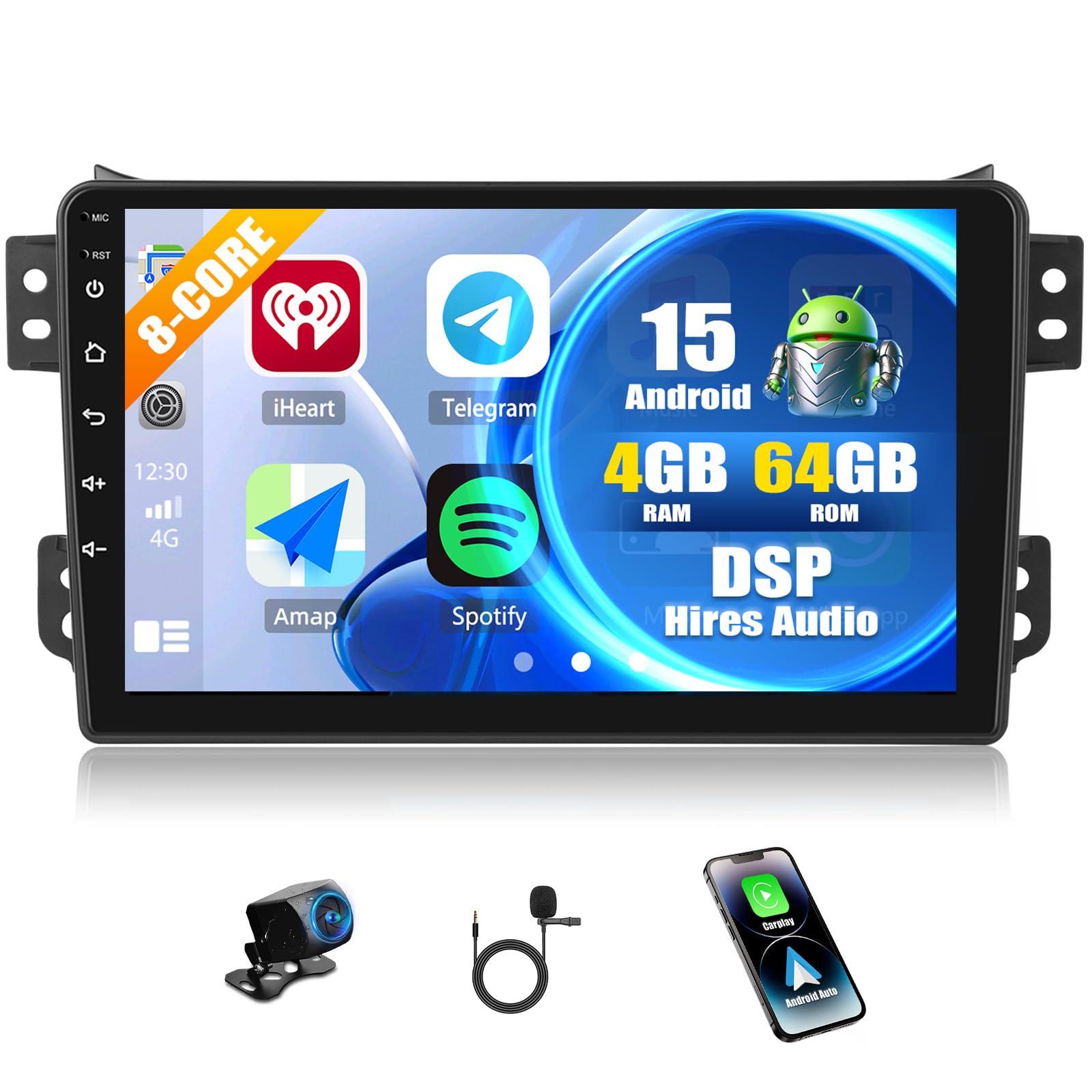 CAMECHO Radio samochodowe 4 + 64 G 8-rdzeniowe Android 15 Navi do Suzuki Splash Ritz Opel Agila 2004-2014, 9-calowe radio Qualcomm z bezprzewodowym Carplay Android Auto WiFi GPS FM/RDS DSP Bluetooth +