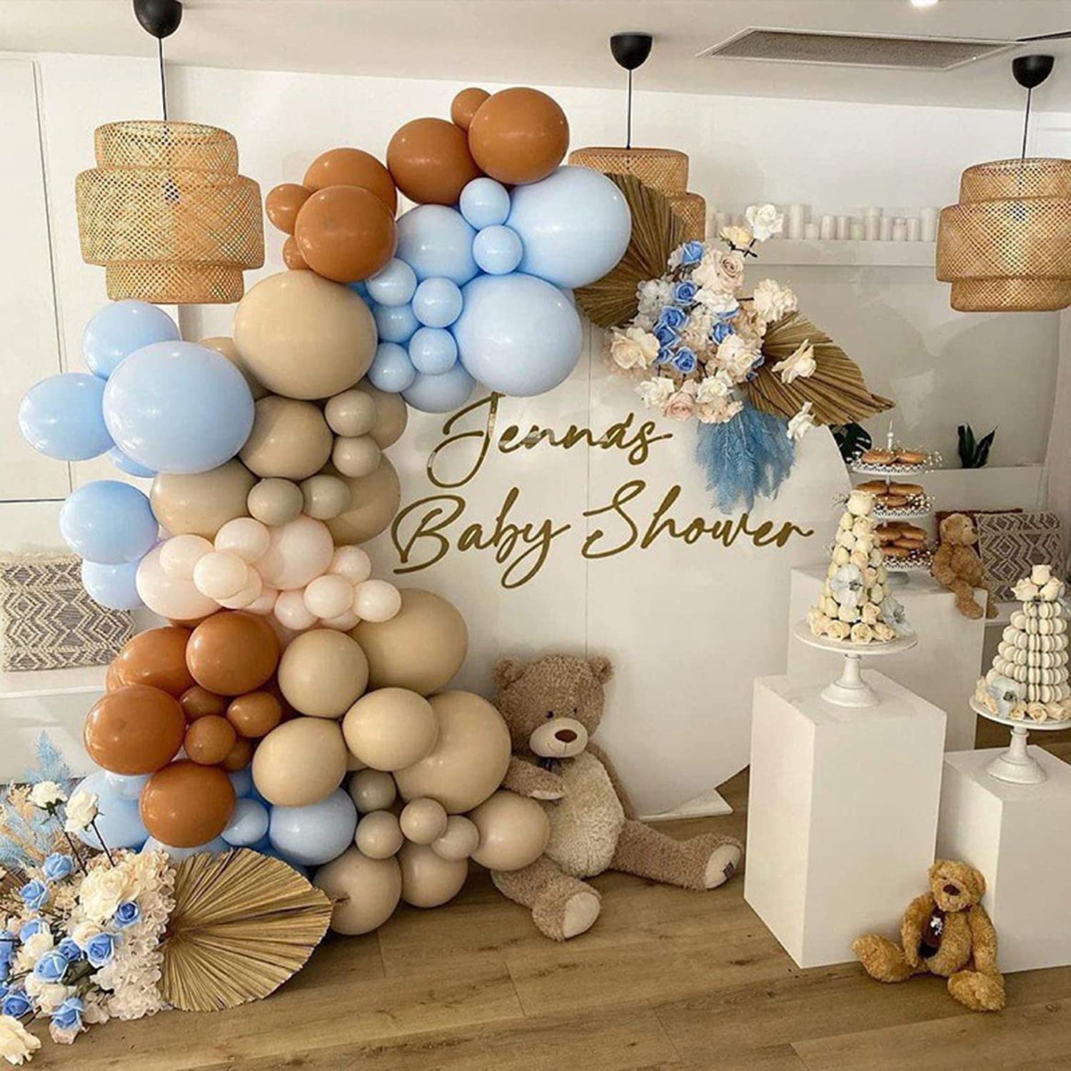 Yosen Brown Blue Balloon Garland Kit, 140 PCS Brown Blue Cream Latex Balloons with Balloon Strip, Glue Dots and Ribbon for Baby Shower Birthday Decorations Wedding Engagements