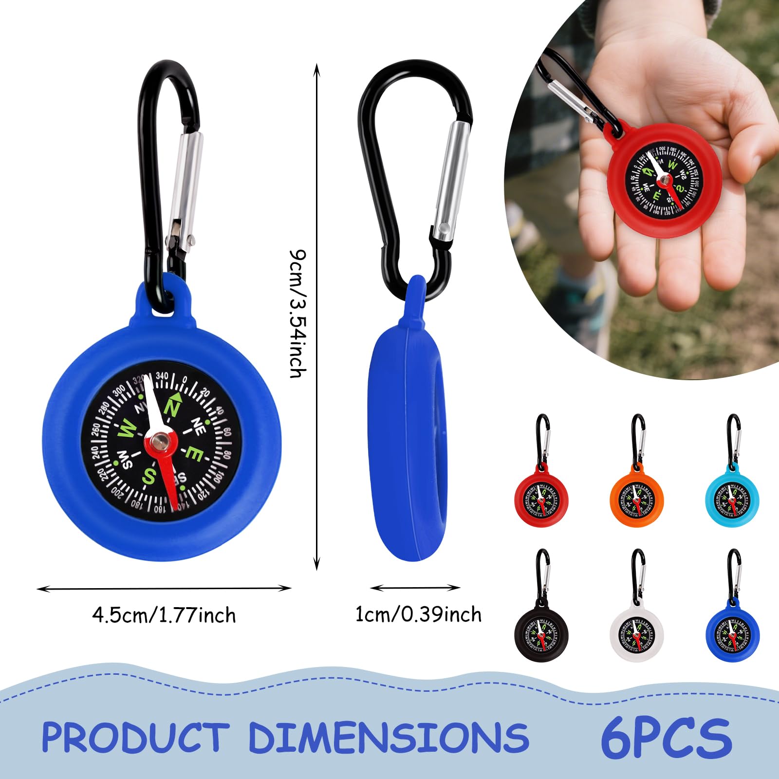 6 pezzi bussola per bambini, compass all'aperto con moschettone, mini portachiavi portatile, per campeggio e attività all'aperto