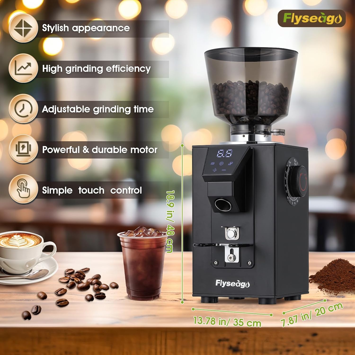 Commercial Coffee Grinder Heavy Duty - 18 Precise Settings, 64mm SS Flat Burrs, Touch Control, 35oz Hopper for Business and Home Use, 400w