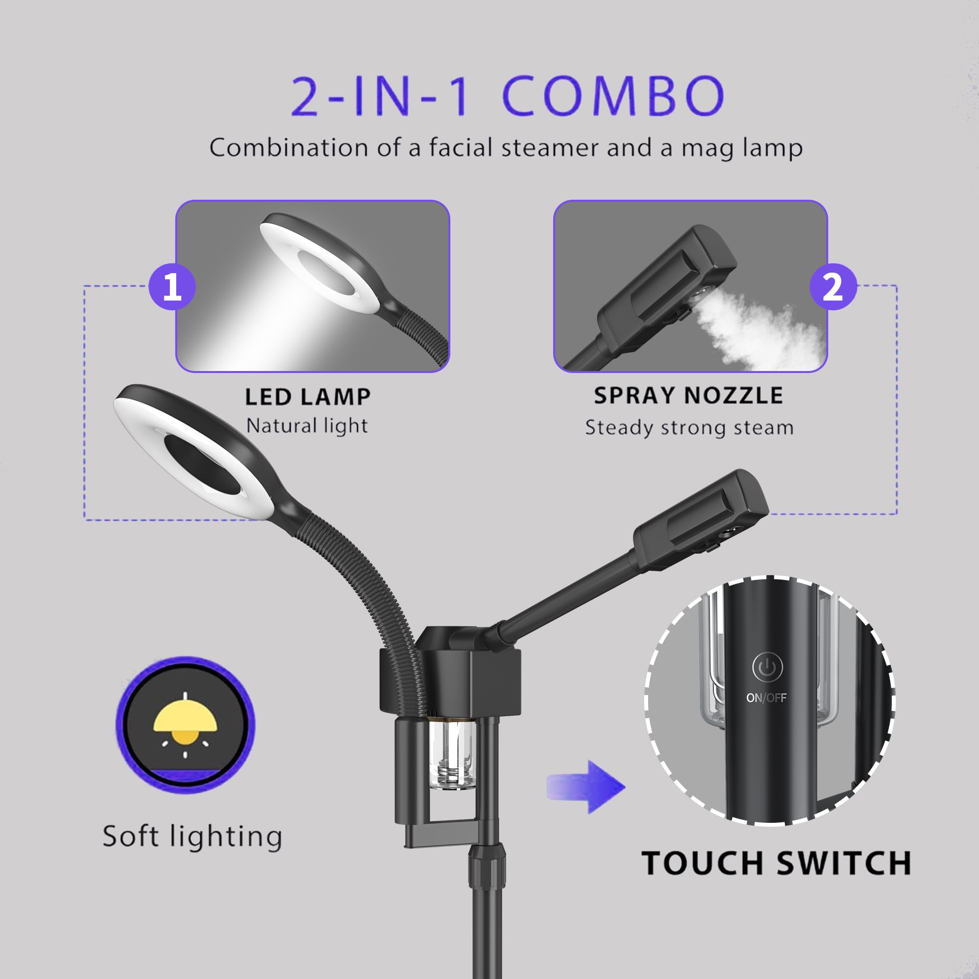 Vaporizzatore facciale con lampada d'ingrandimento, vapore all'ozono 2 in 1 per uso professionale del viso, vapore facciale professionale per estetiste, attrezzatura di bellezza per il viso