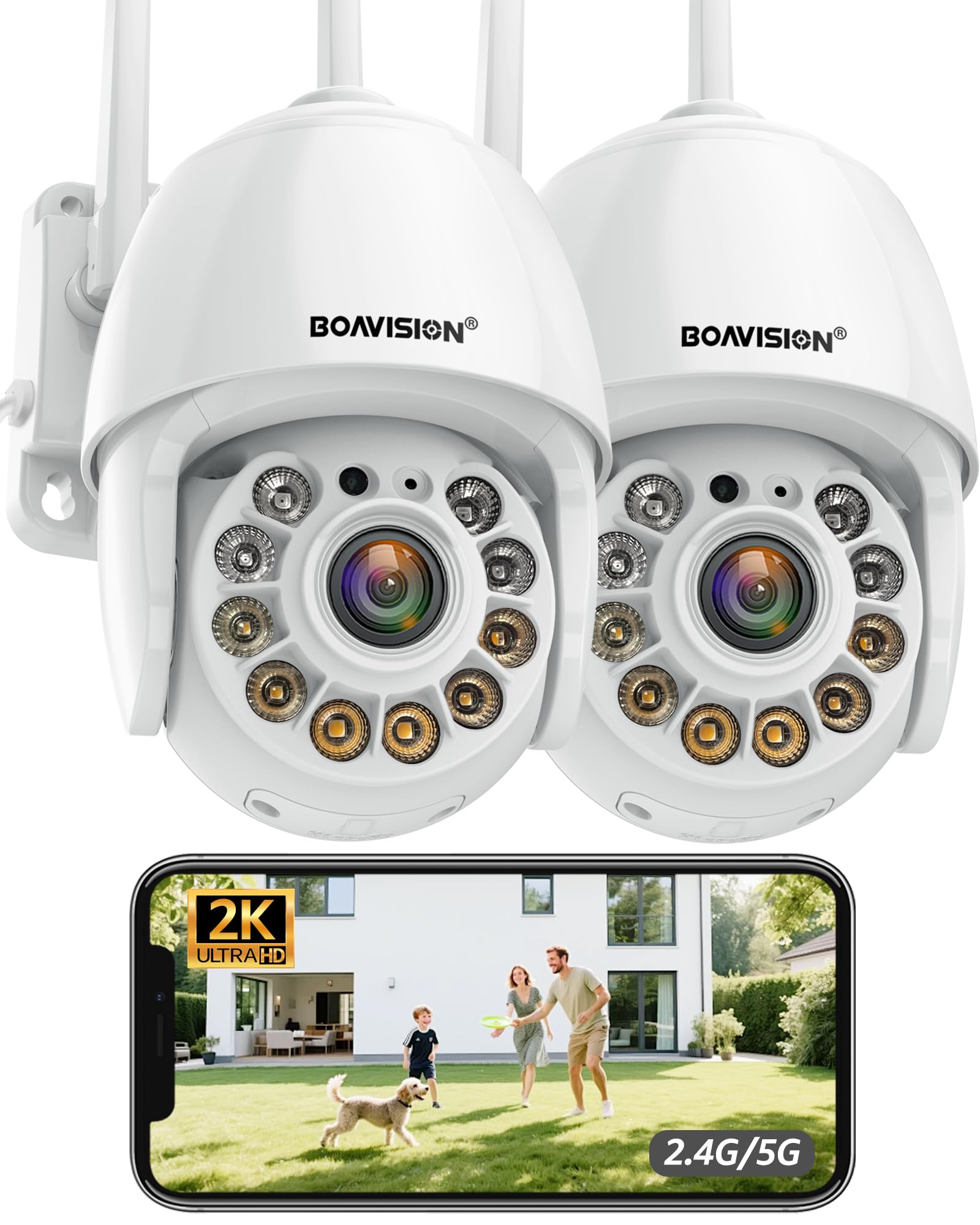 BOAVISION 2K Security Camera Outdoor, 2Pack Wireless WiFi IP Camera Home Security System 360° View,AI HumanTracking,Two Way Talk, pan Tile Full Color Night Vision,2.4G&amp;5G WiFi