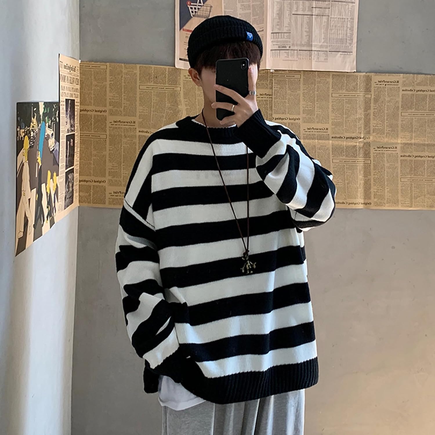 Men Casual Long Sleeve Striped Sweaters Oversized Knit Pullover Autumn Winter Fashion Sweater Jumpers Tops