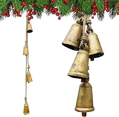 Miniatura 2 de Juego de 4 campanas rústicas colgantes de metal estilo shabby chic, campanas de vaca de meditación de inspiración tibetana con cuerda de yute,