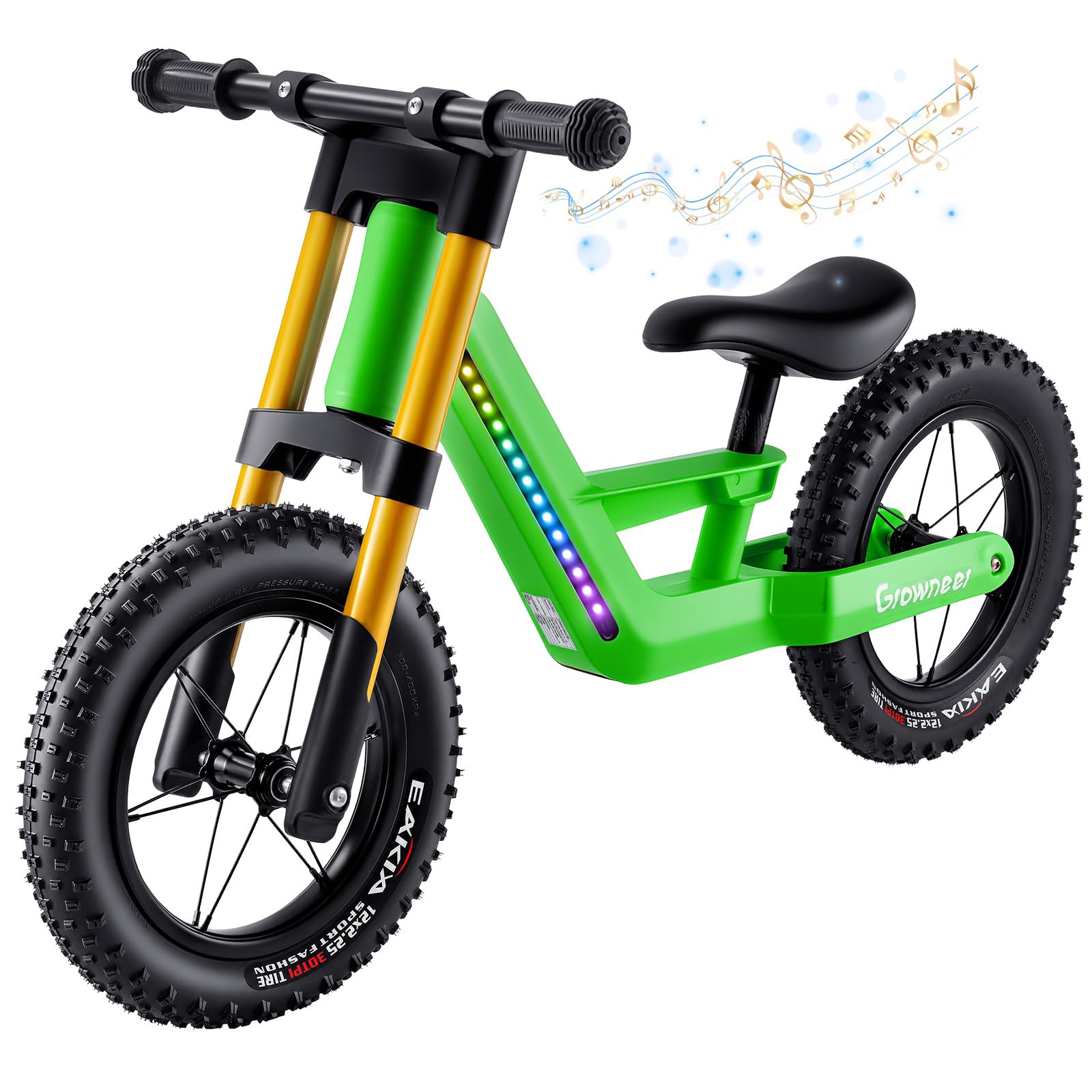 GROWNEER Kids Balance Bike with LED Lights and Music, 12" Lightweight Nylon Fibre Frame No Pedal Bike, Adjustable Seat, Pneumatic Tyres, First Bike for Boys Girls Aged 3-5 Years, Green