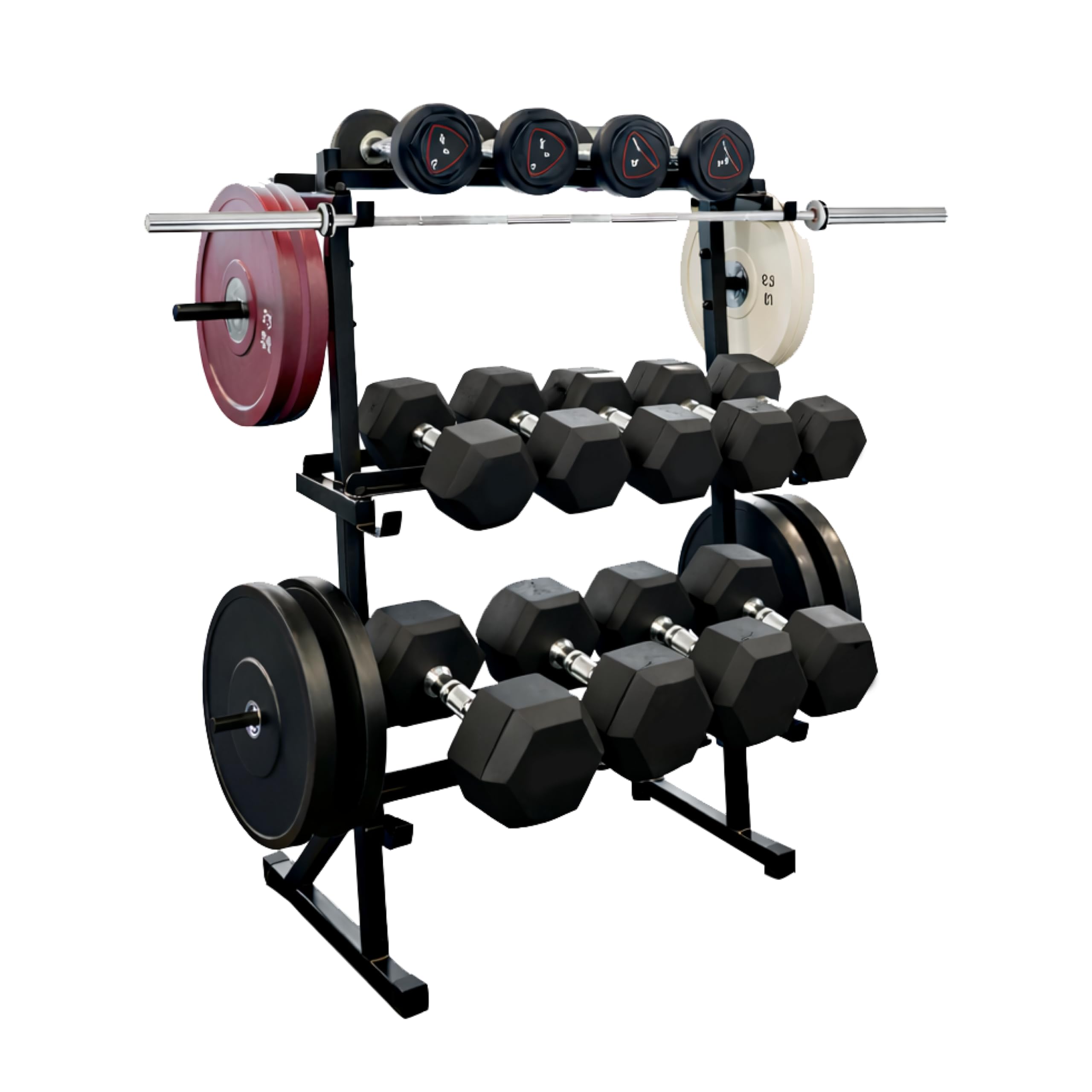 SONRET - 3 In 1 Dumbbell Stand for Home | Dumbbell Rack with Weight Plate Stand & Barbell Storage | Heavy Duty Steel gym rack with Non-slip Rubber Feet | Easy-to-Clean Barbell Stand for home, gym