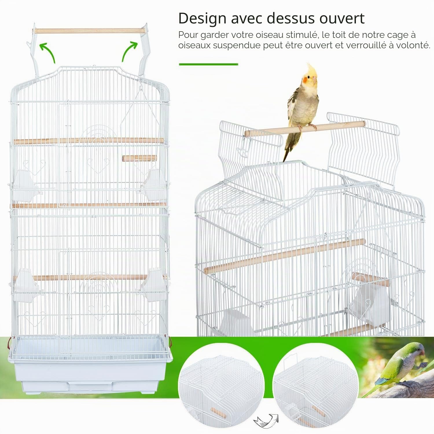 Yaheetech Cage à Oiseaux Perruche Cage avec Toit Ouvrable pour Calopsitte élégante Inséparable Perruche Ondulée Canaris 46 x 36 x 92 cm Blanc