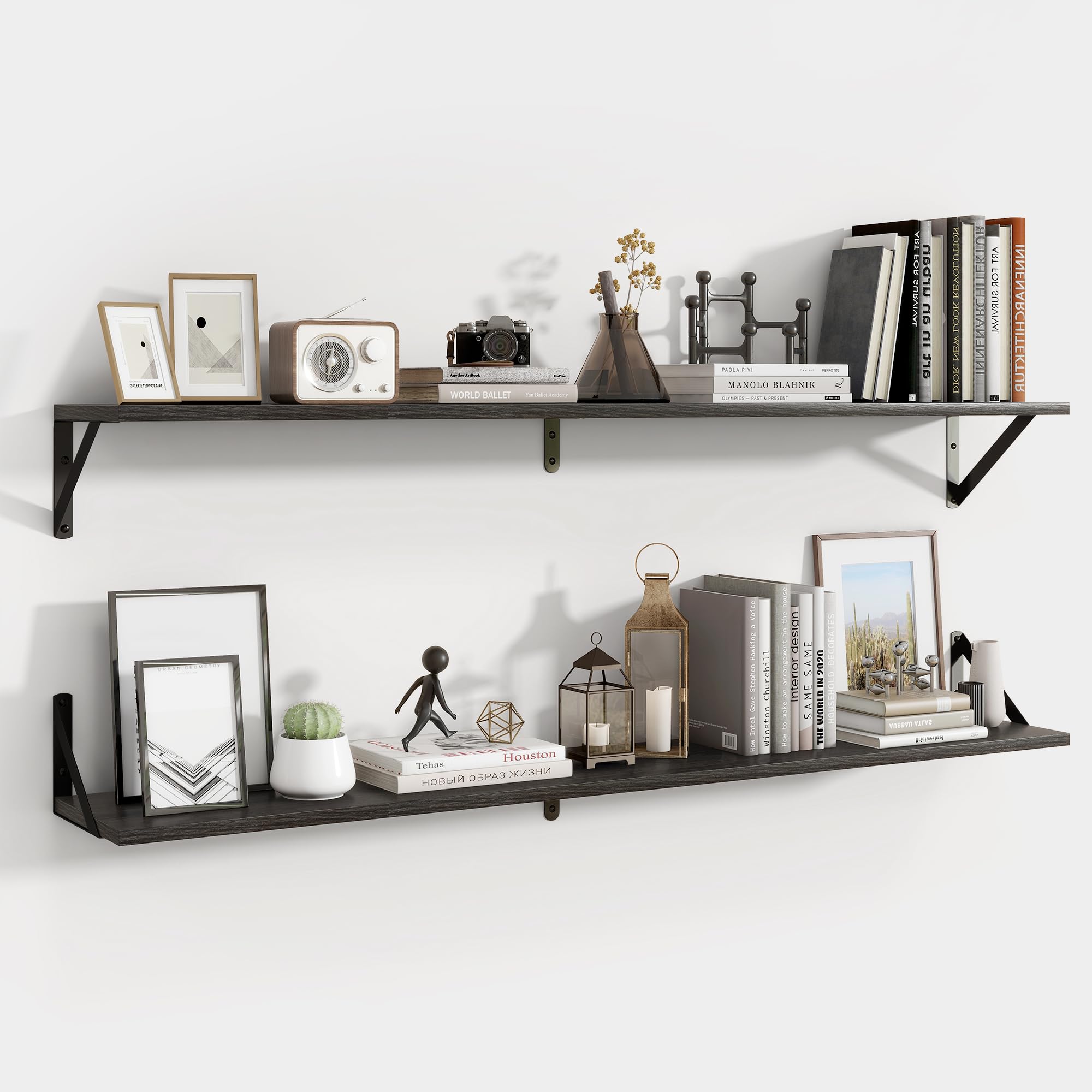 Axeman 48 Inch Floating Shelves | 8 Inch Deep Black Wall Shelves Set of 2 | 47.3" W x 8" D Rustic Black Wood Shelves for Bathroom Kitchen Living Room