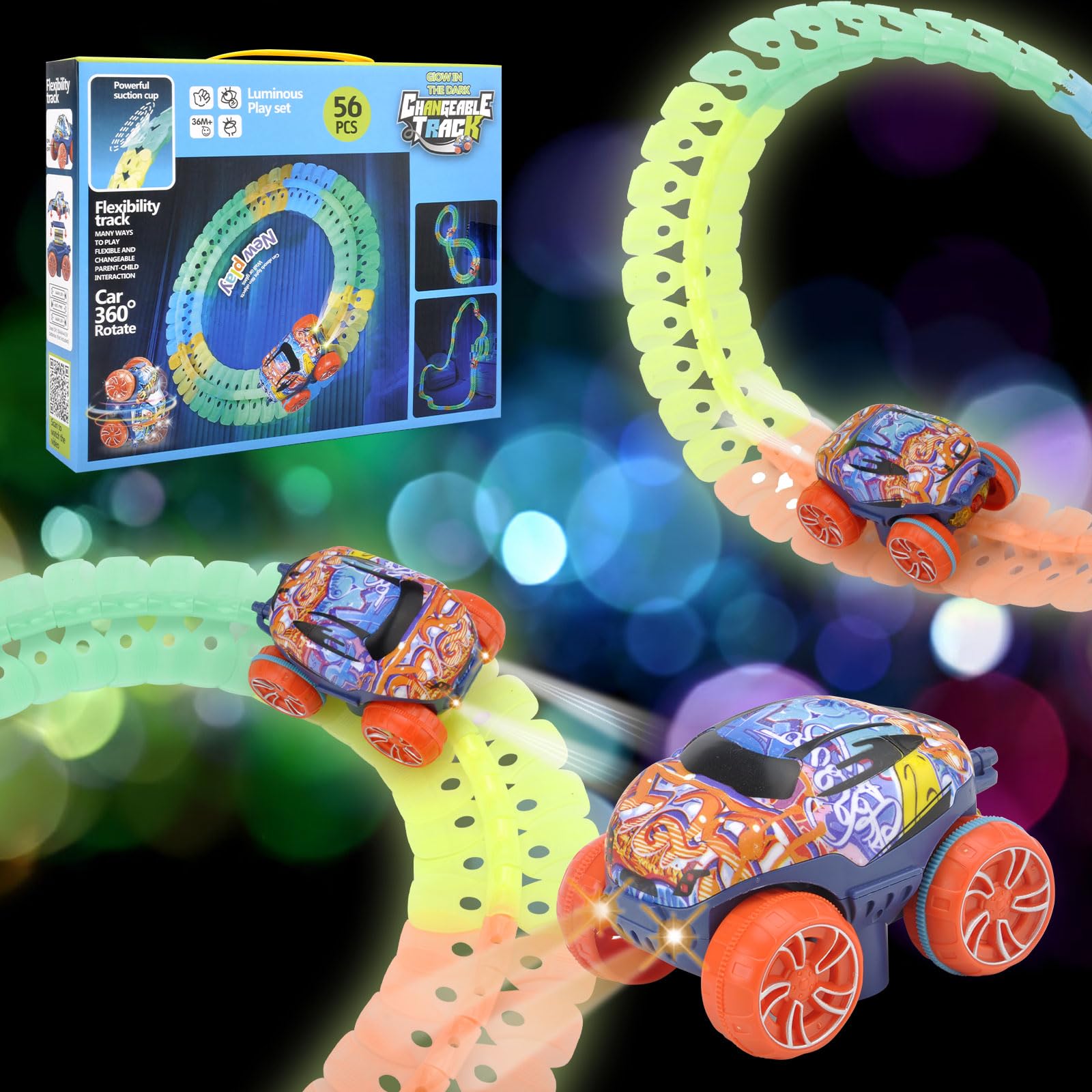 56 piezas de automóviles, hipódromo de carreras, juguete para niños, pista de copa de succión, juguete de coche de carreras con luces LED, regalo de cumpleaños y Navidad para niños