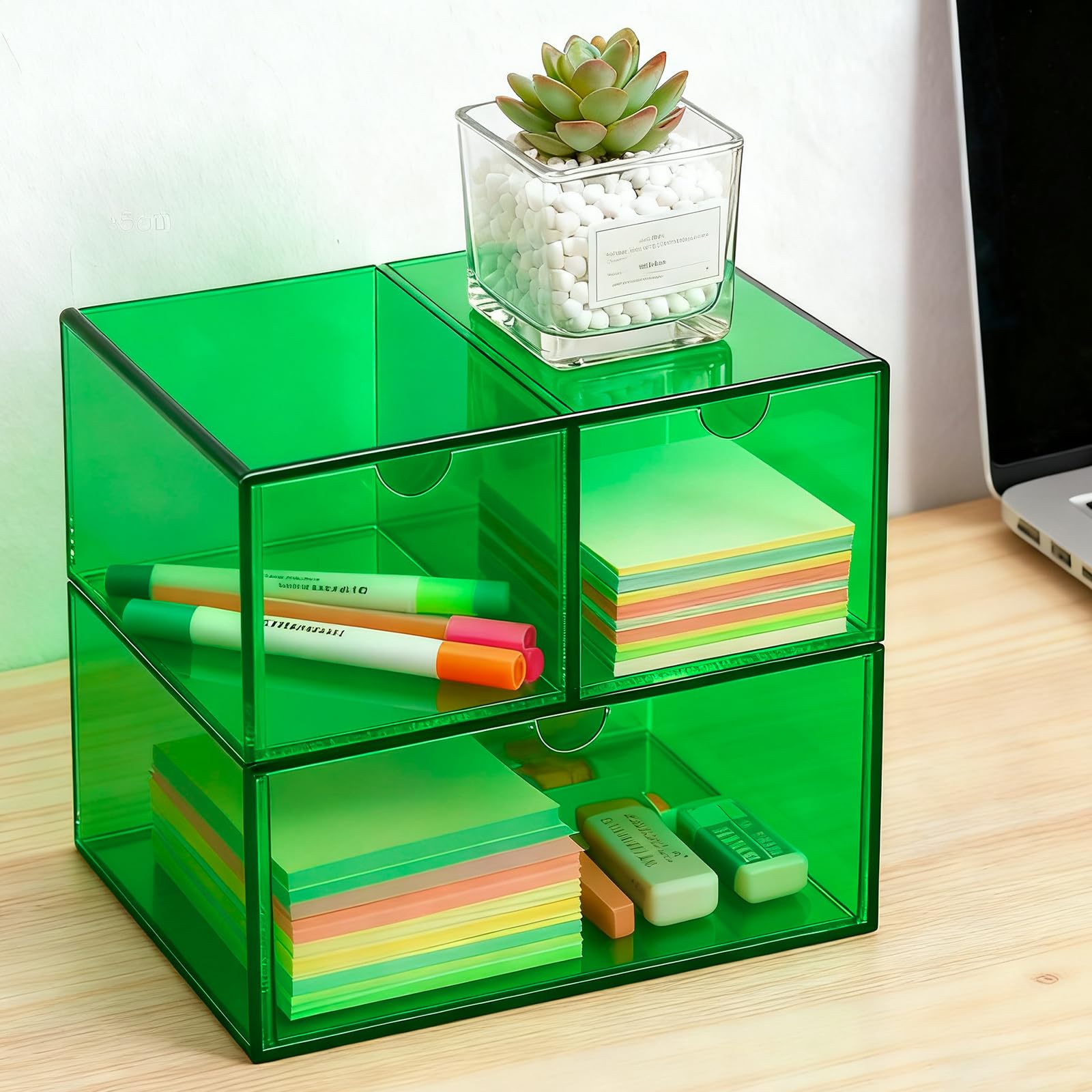 Gelite Organiseur de bureau avec 3 tiroirs de rangement pour maquillage et bureau en acrylique - Organisateur de tiroir pour coiffeuse et bureau - Vert émeraude
