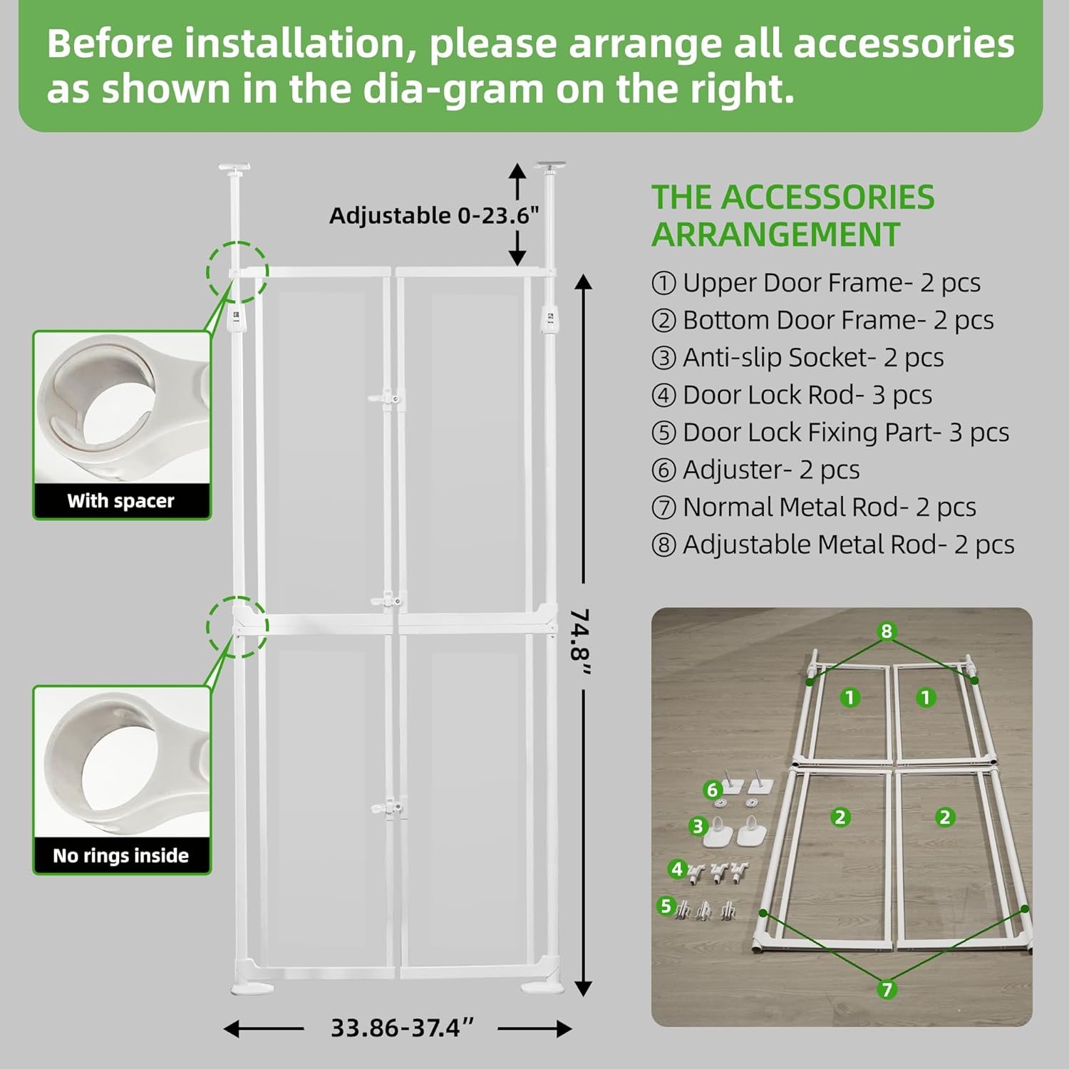 74.8-98.4" Extra Tall Cat Gate for Doorways,33.8-37.4" Wide Pet Gate Indoor,Auto Close No Drilling Clear Acrylic Safety Barrier for Strairs Hallway House -White
