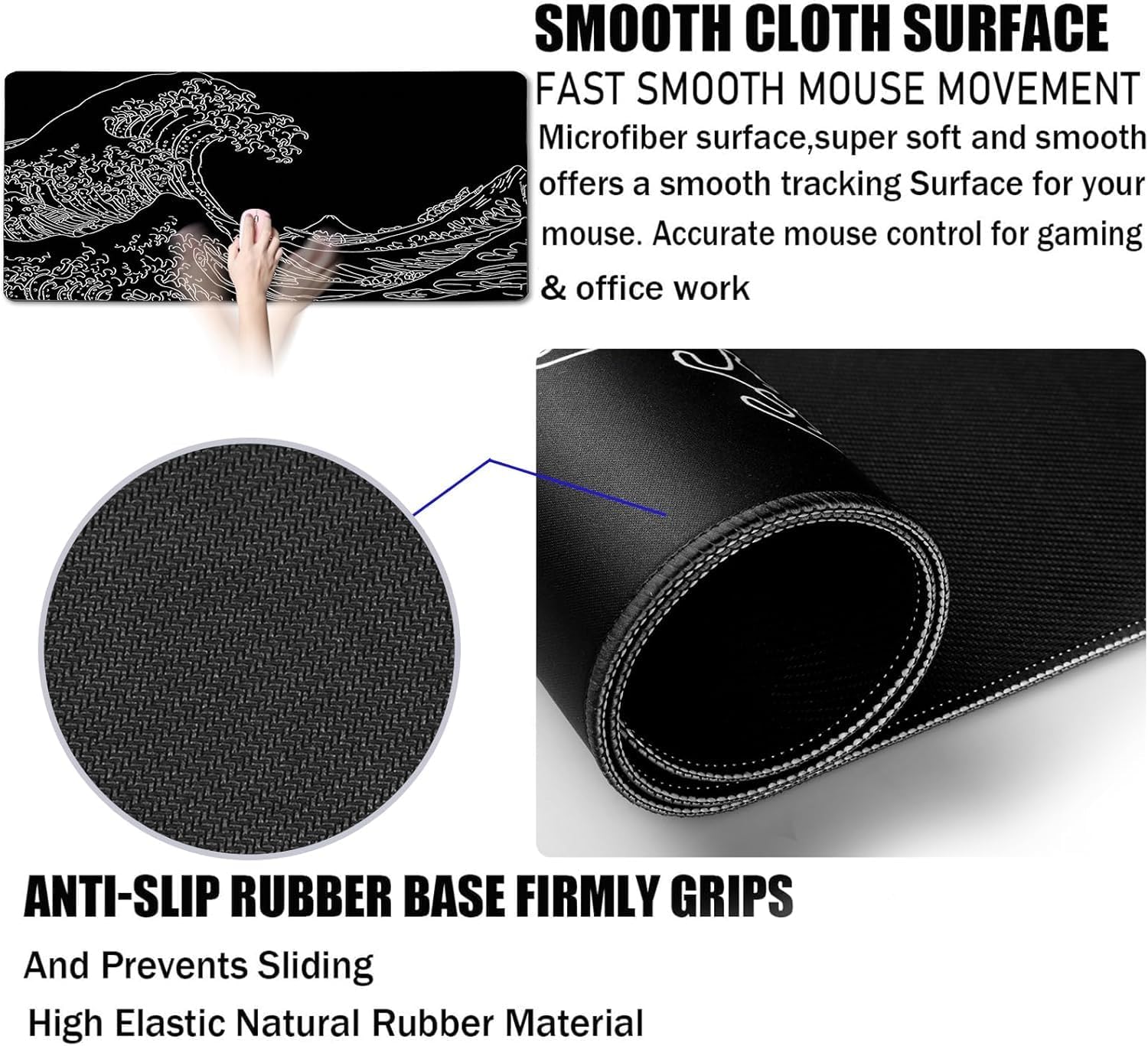 Large Gaming Mouse Pad, Waterproof Extra Large Big Mouse Pad with Stitched Edge, XXXL Non-Slip Black Computer Long Mousepad for Gamer, Office & Home, Wave Lines
