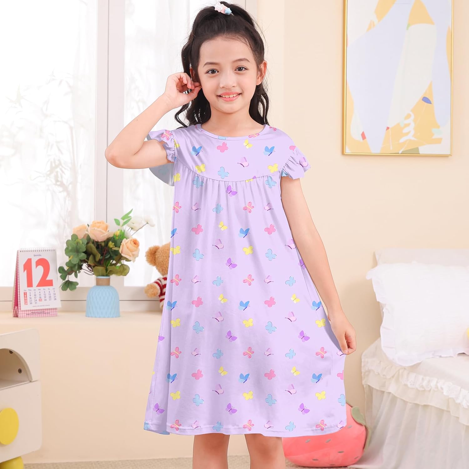 ICOSY 2PCS Girls Nightgowns Toddler Girl Pajamas Flutter Short Sleeve Princess Dress Sleepwear for Girls - Image 2