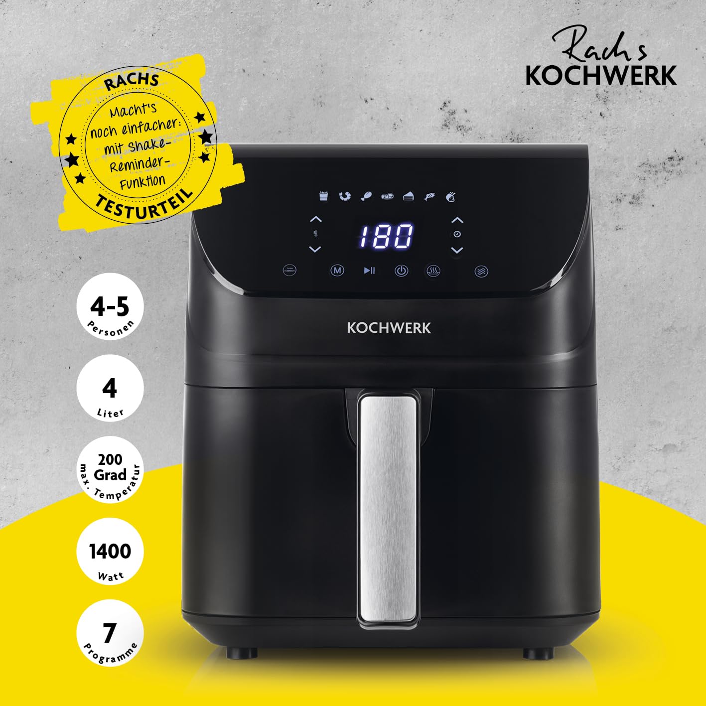 Rachs KOCHWERK Digitale Heißluftfritteuse 4L | Airfryer mit Touchscreen für fettarmes Garen, Grillen oder Backen ohne Öl | Erinnerungsfunktion zum Wenden | Leichte Reinigung | 1400W