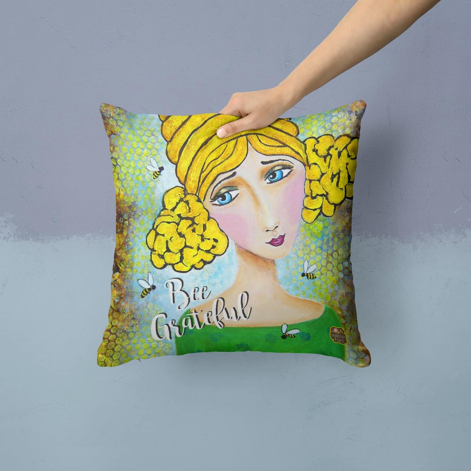 Caroline's Treasures VHA3008PW1414 Bee Grateful Girl with Beehive Fabric Decorative Pillow Machine Washable, Indoor Outdoor Decorative Pillow for Couch, Bed or Patio, 14Hx14W