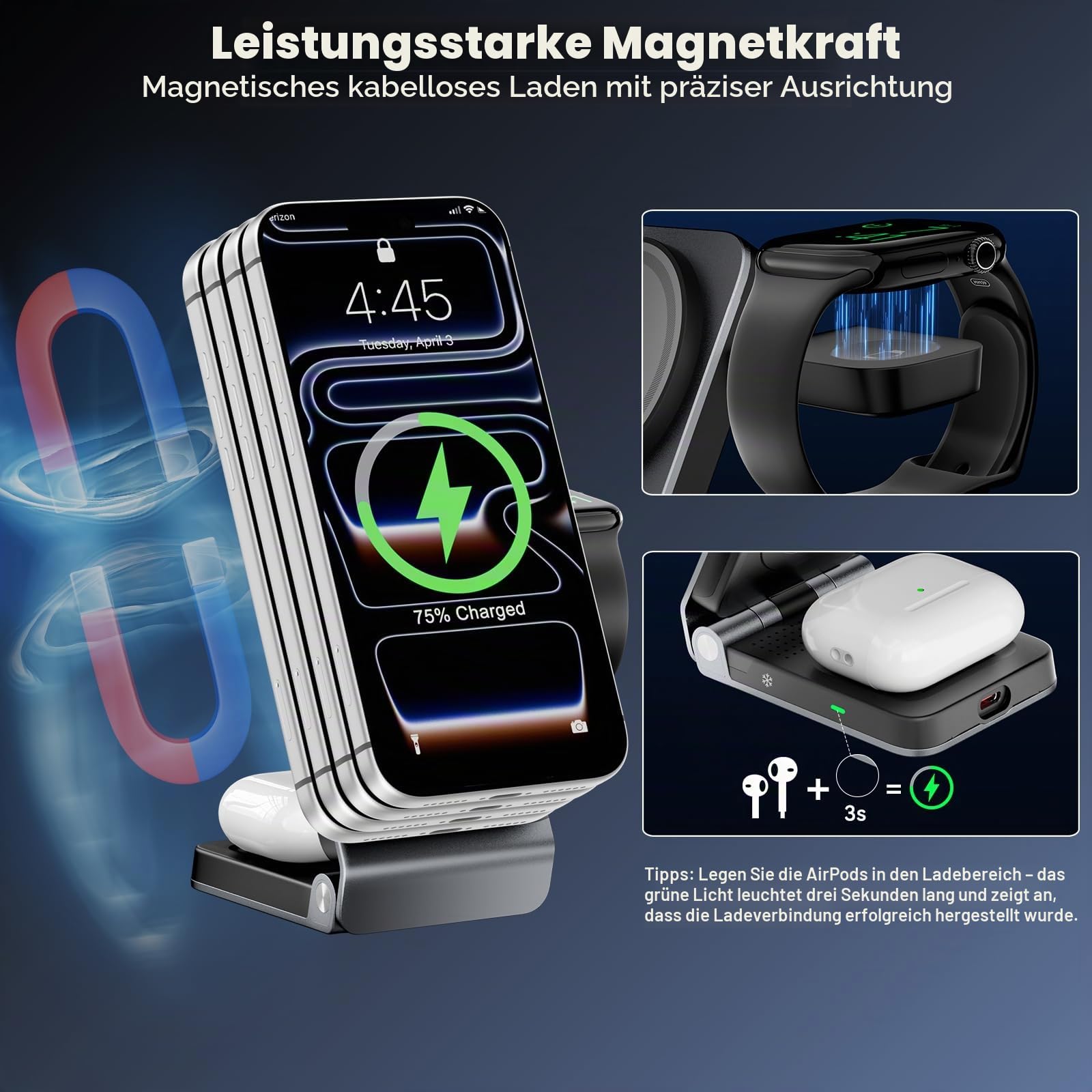 CloudValley 3 in 1 ladestation für Apple Watch AirPods und iPhone, 25W Schnellladefunktion, Wireless Charger mit MagSafe, Robust und langlebig, Aktive Wärmeableitung, Tragbar