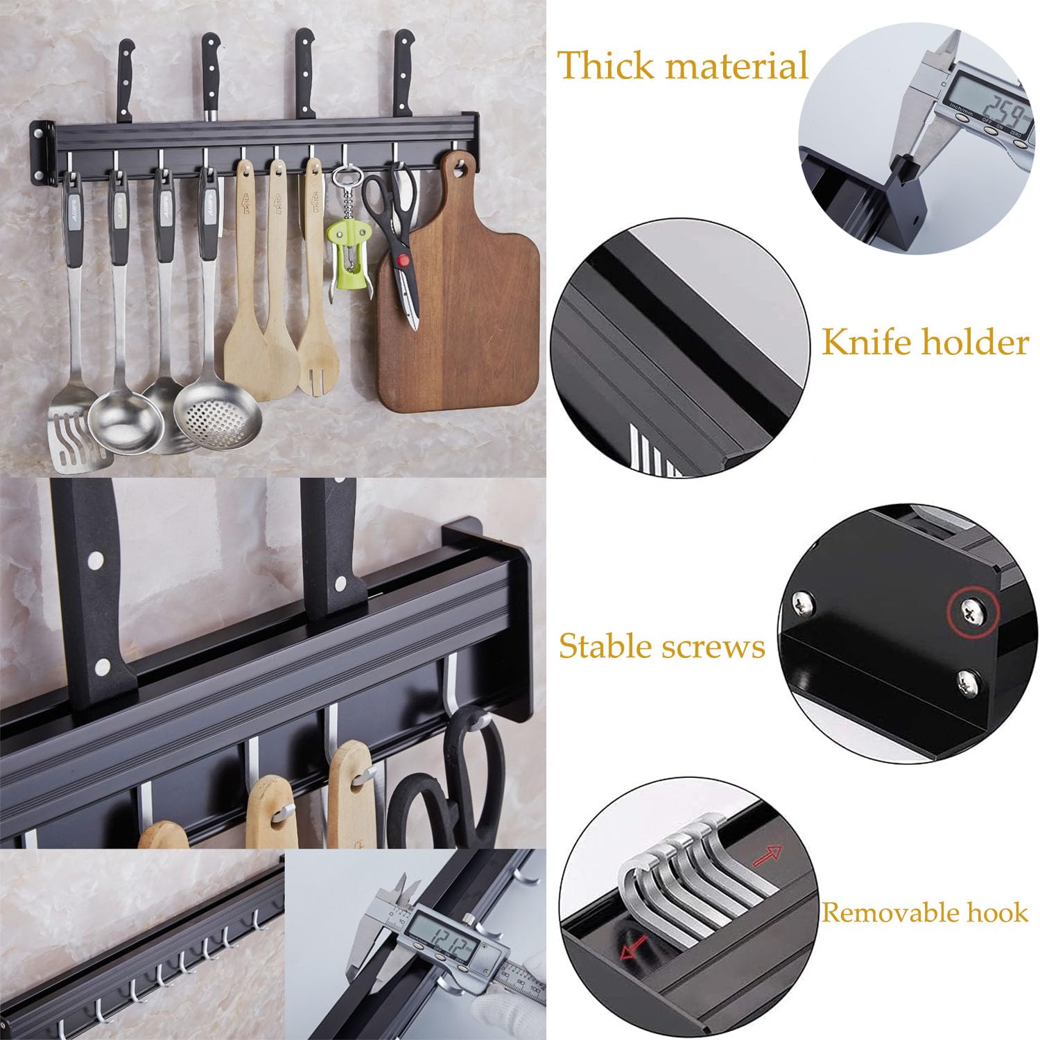 JCAKES Kitchen Soporte Utensilios Cocina 40 cm,Colgador Utensilios de Aluminio con 8 Ganchos Móviles,Soporte de cocina,Gancho de cocina, Sostenedor de Utensilios Cocina para Cocina/baño (Negro)