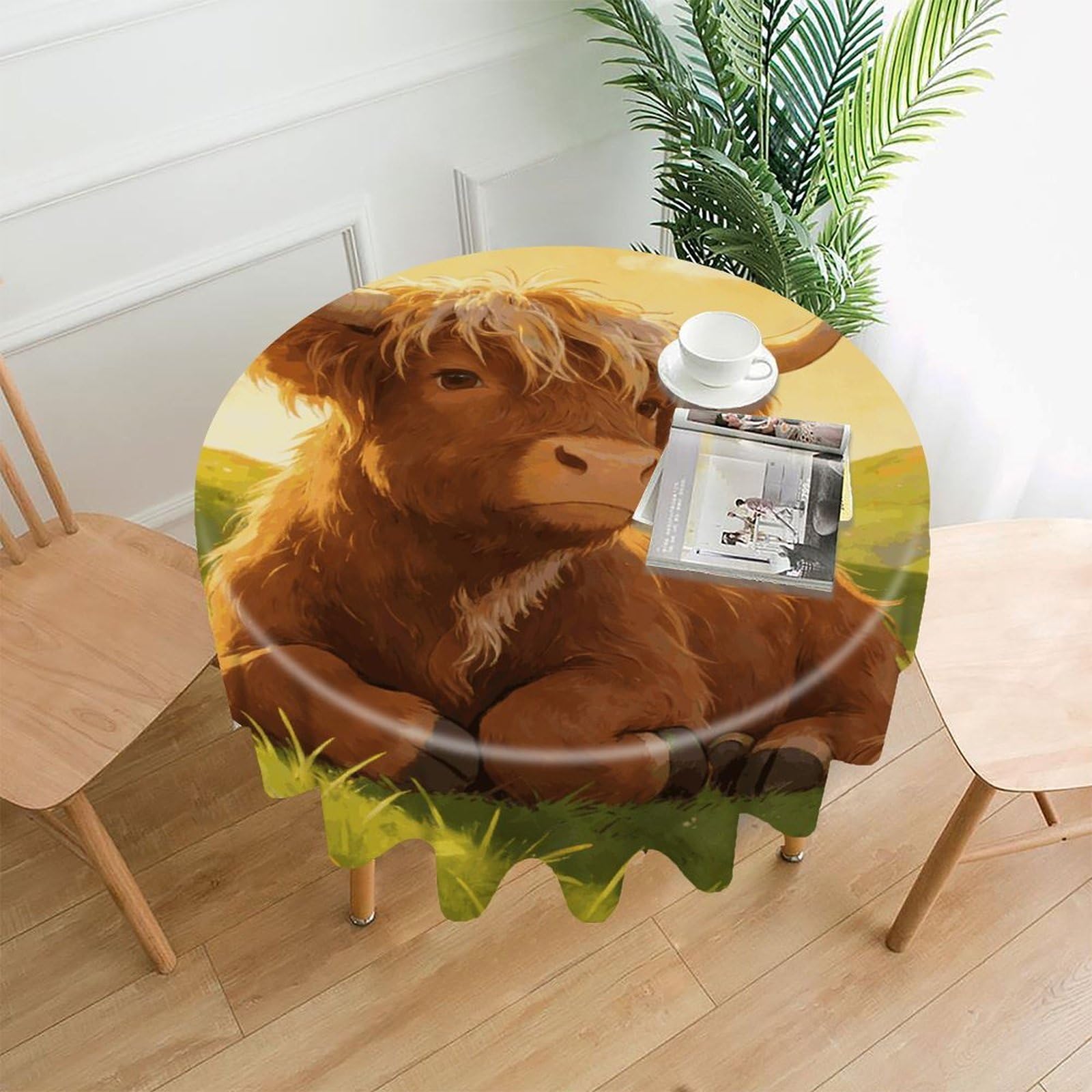 LZQPOEAS Highland Cow Chillin Tablecloth Easy to Clean Polyester Round Table Cover Washable Round Table Cloth Wrinkle-Free Circle Decoration Tablecloth for Kitchen and Dining Room 60"