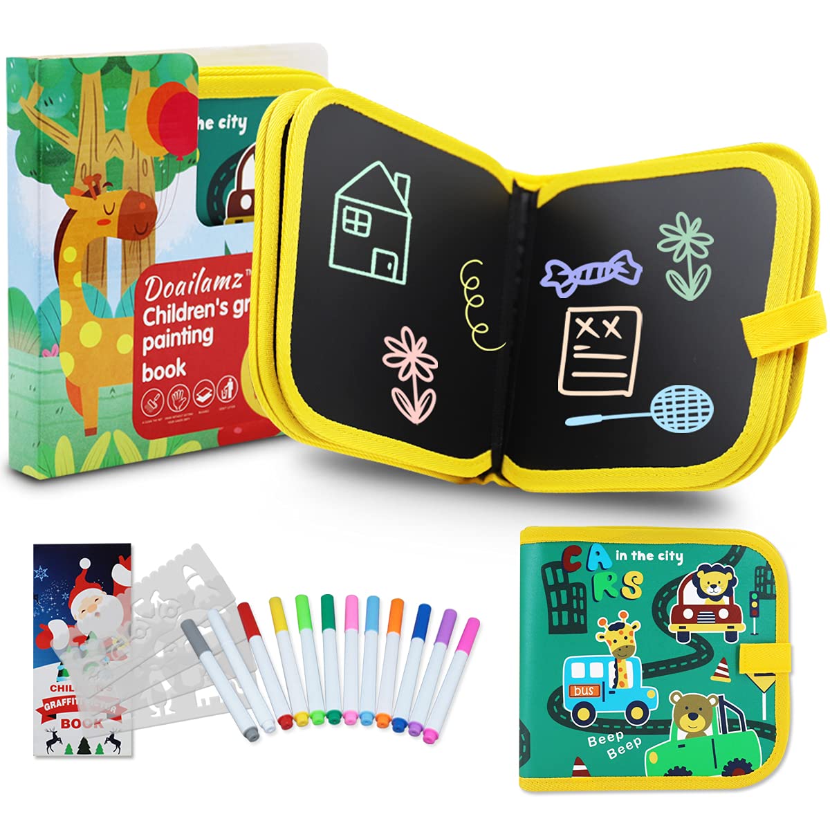 YUUFUU Kids Erasable Doodle Book Set, 14 Page Reusable Scribbler Drawing Pads with 12 Colors Chalk Markers Toddler Airplane Car Ride Travel Essential Activity Gift for Boys and Girls (Animals Cars)