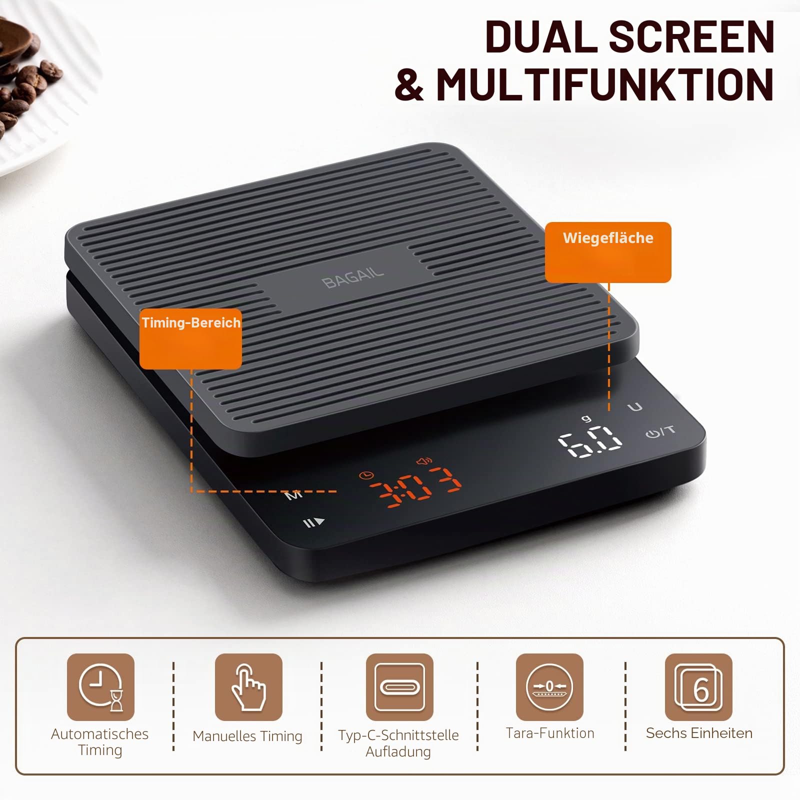 Bagail Digitale Kaffeewaage mit Timer 0,1 g Hochpräzise Elektronische Küchenwaage mit Großem Display und Automatischer Tarierung, Wiederaufladbare Waage für Filterkaffee, Max. Gewicht 3 Kg