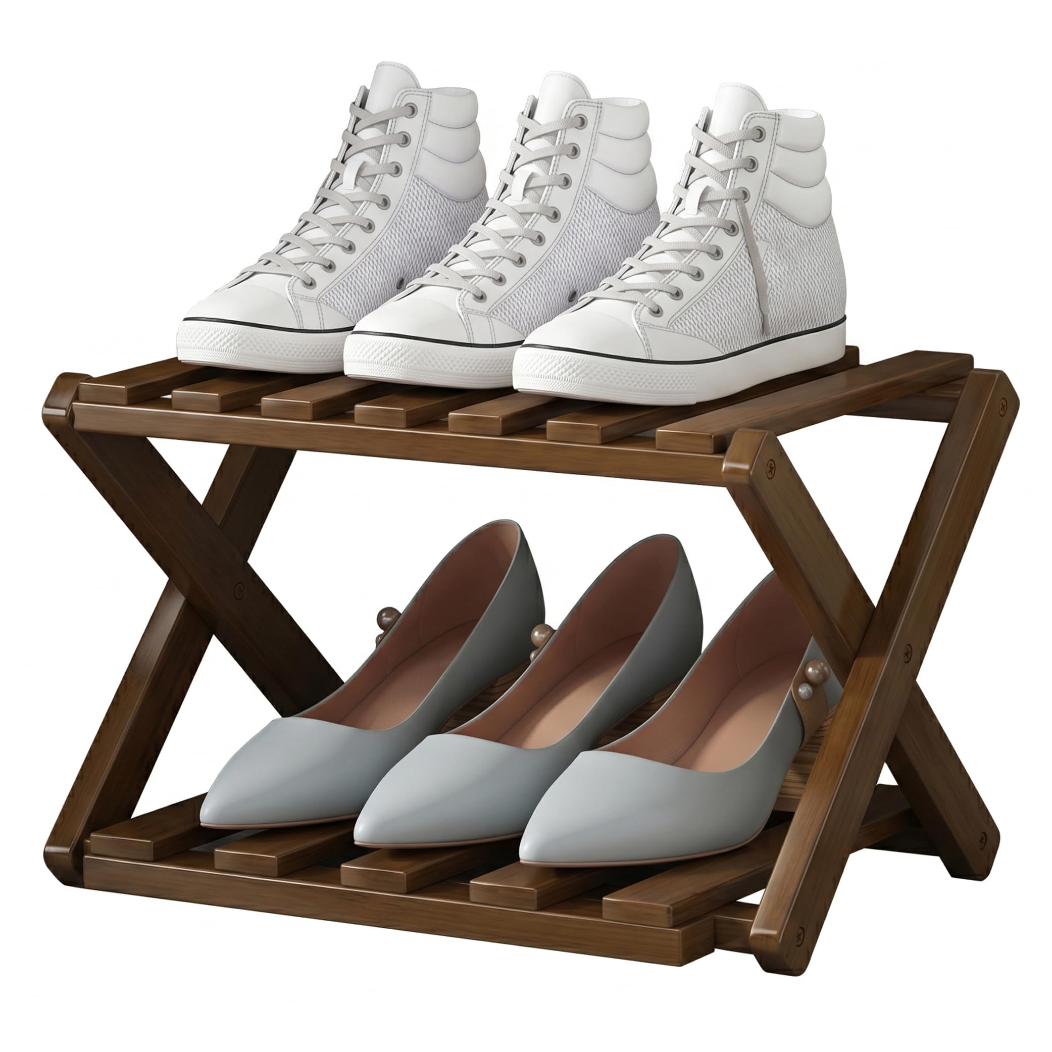 BeVistoso Shoe Rack Bamboo, 2 Tier Foldable Shoe Rack Skinny Shoes Organizer Extendable Narrow for Entryway, Closet, Brown, Foldable